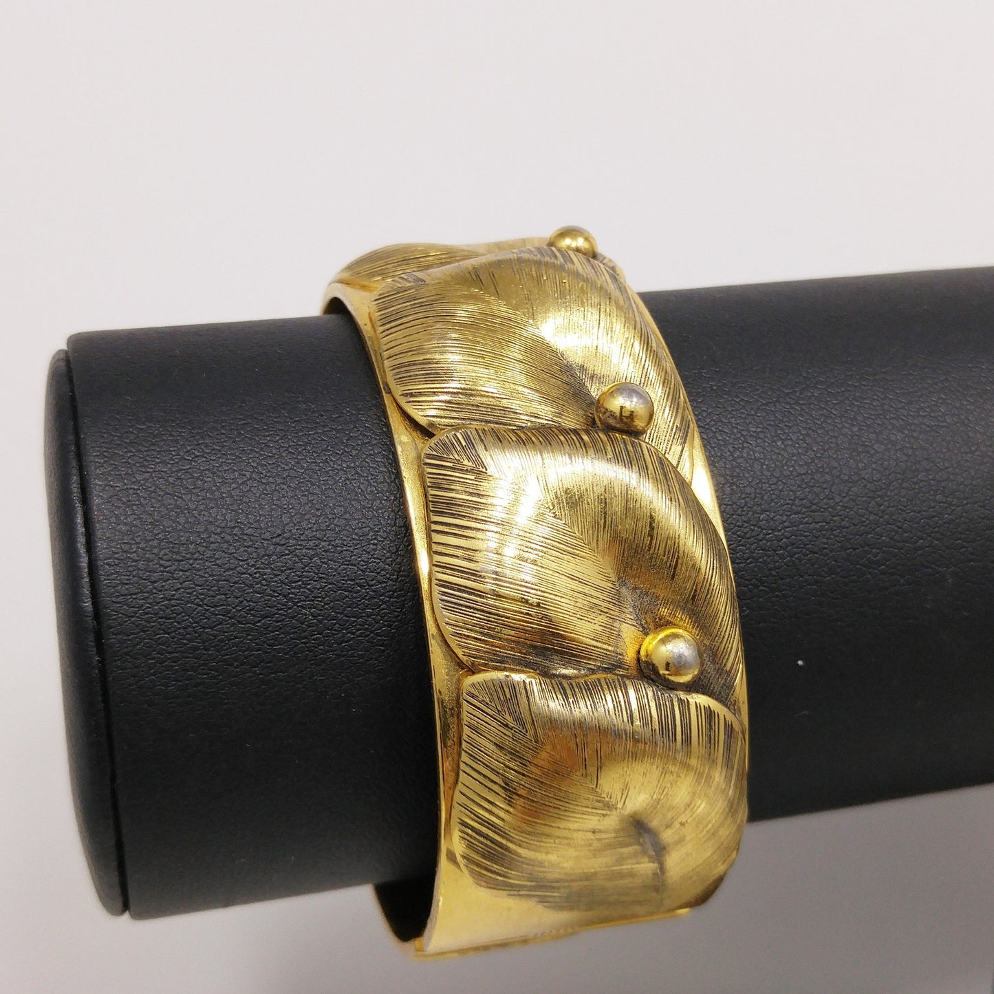 Whiting & Davis Gold Plated Leaf Bracelet, Hinged Wide Clamper, 1950s Vintage