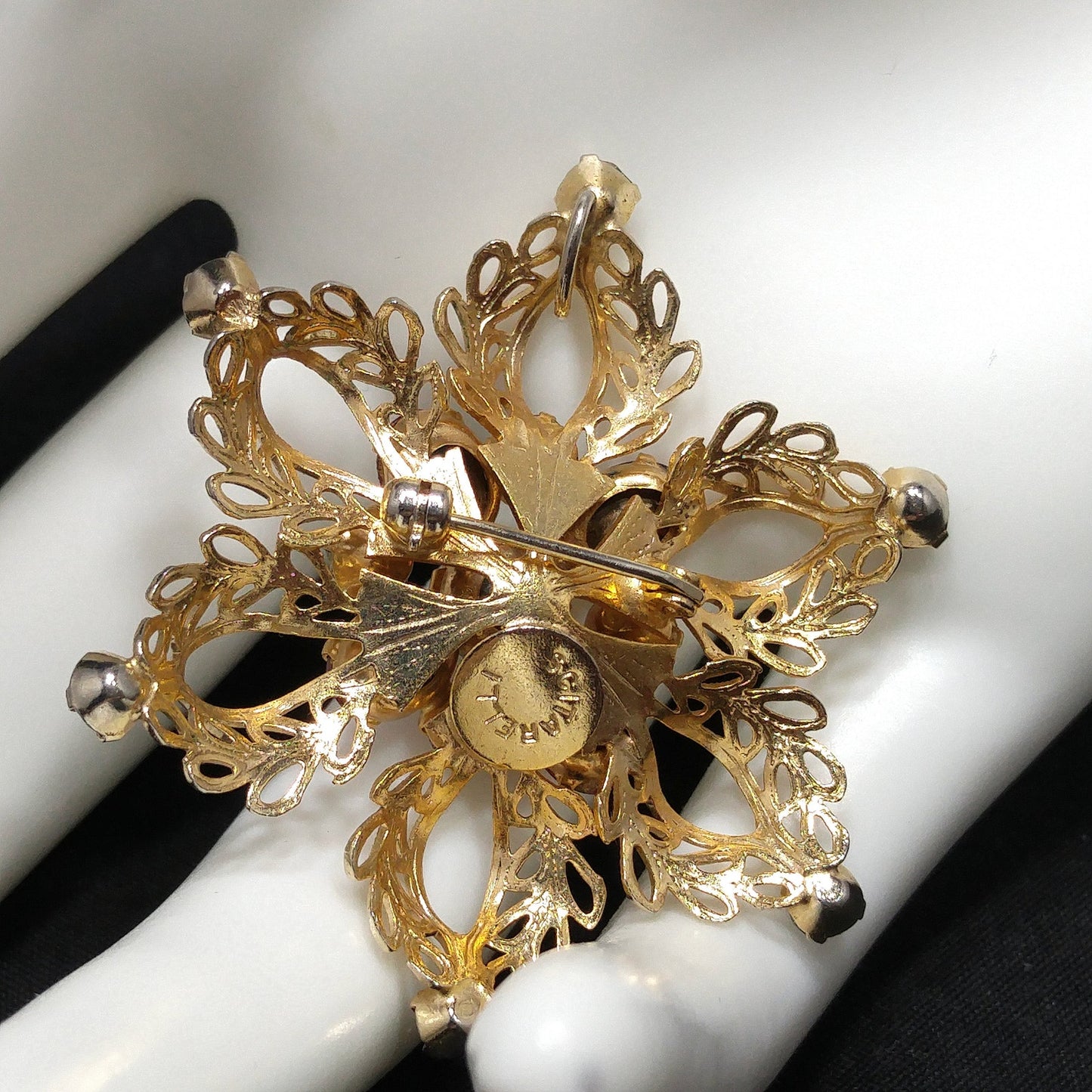 Scitarelli Mid-century Pink Clear Rhinestone Floral Brooch Pendant, 1950s Vintage Jewelry