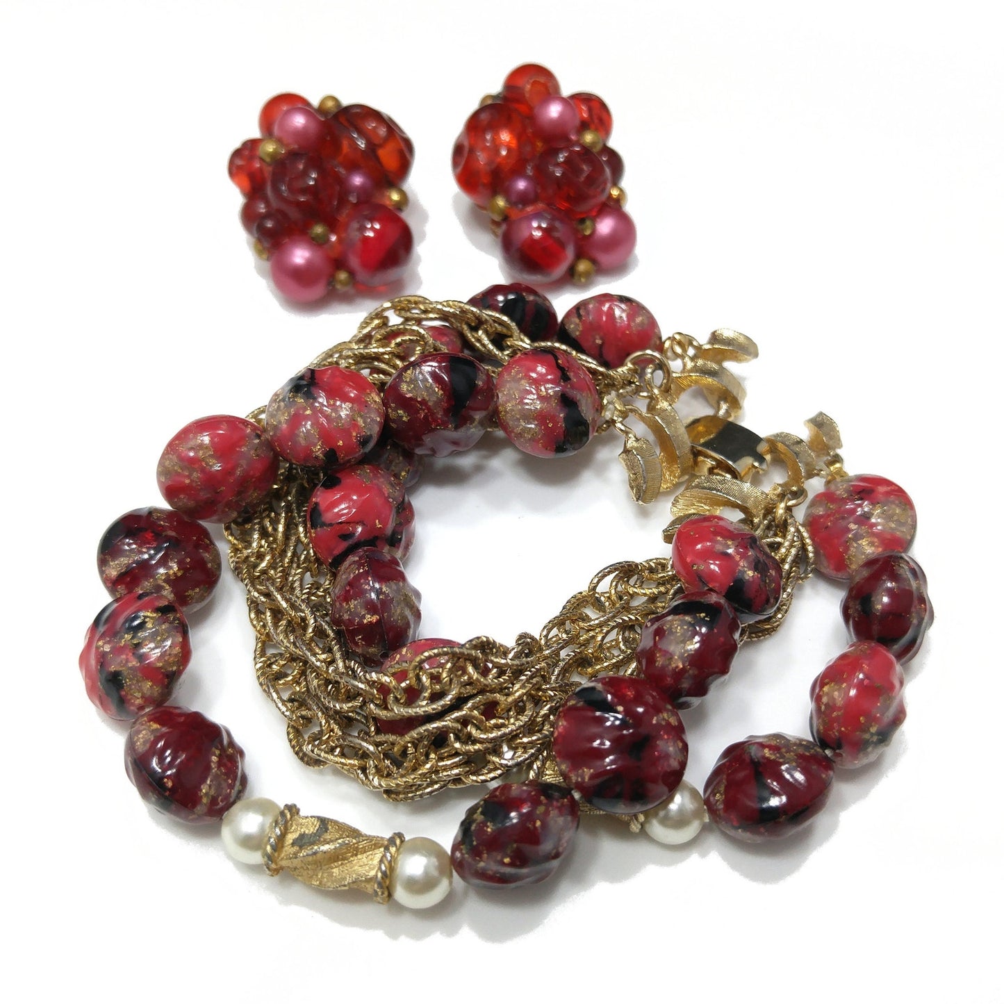 Kramer Red Thermoset Beaded Bracelet & Earrings, 22K Gold Plated Bracelet, 1940s Vintage Jewelry