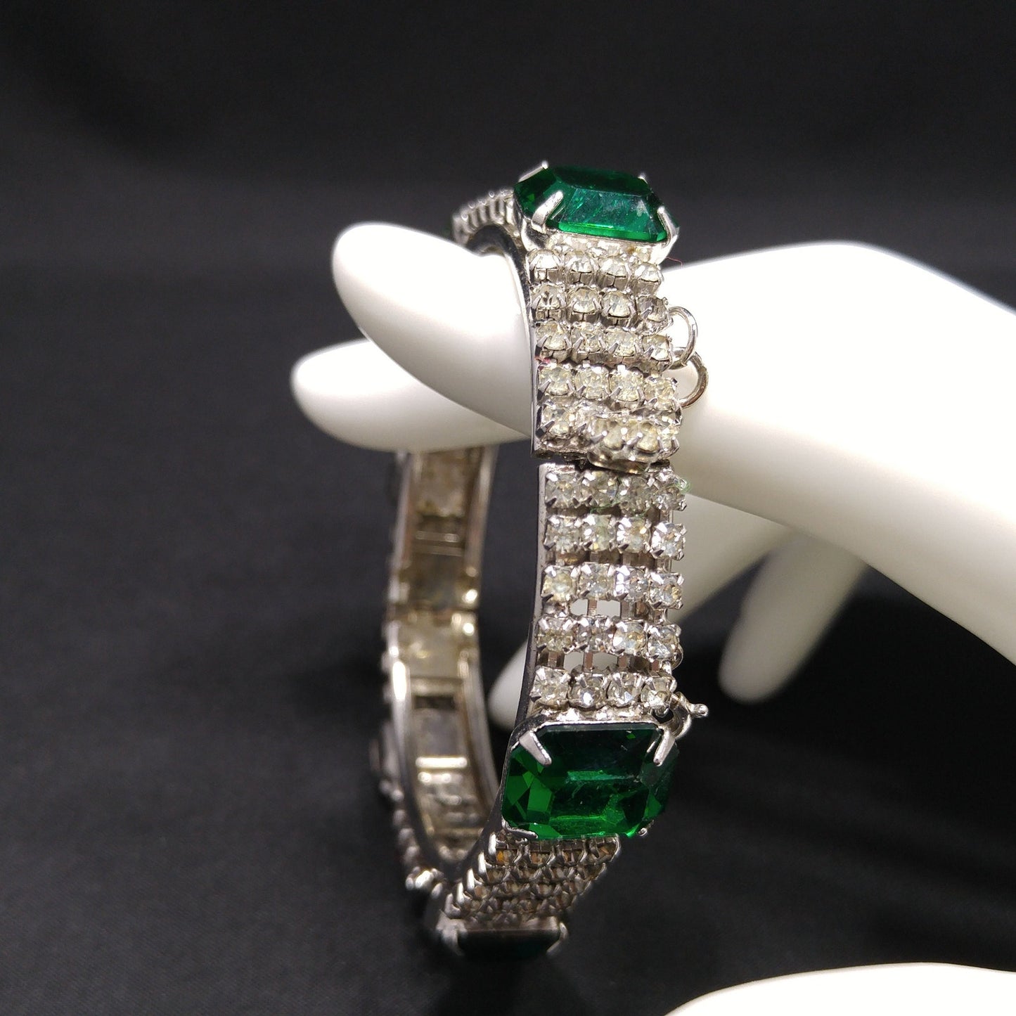 Kramer Green Rhinestone Hinged Bracelet, Safety Chain, 1960s Vintage Jewelry