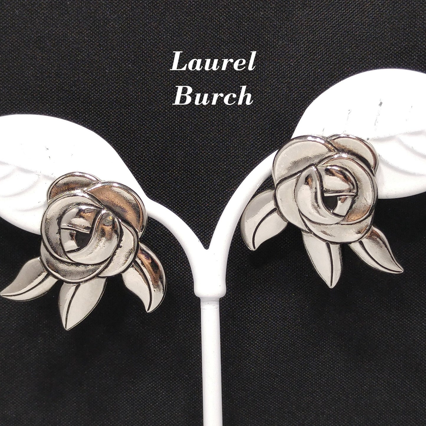 Vintage Laurel Burch Deco Rose Earrings, Rhodium Plated, Black Enamel, 1980s