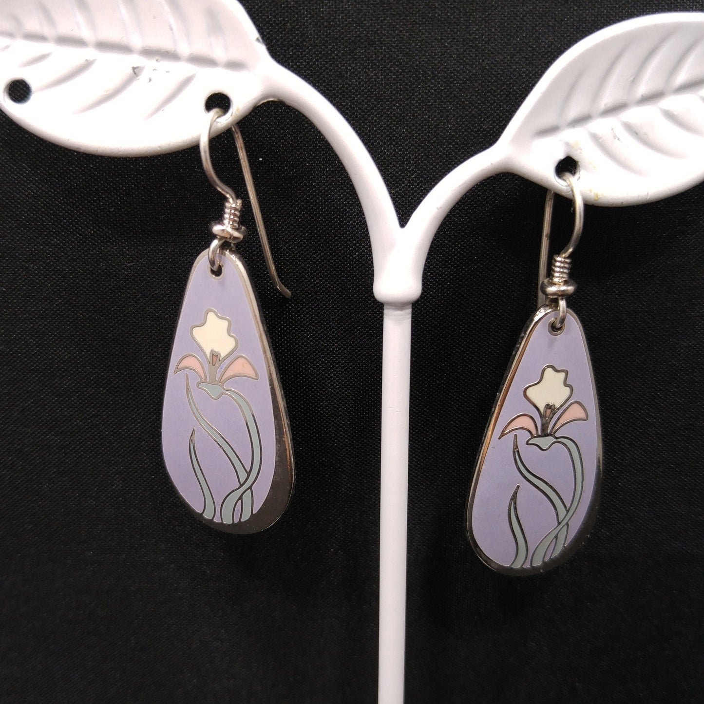 Laurel Burch "Wild Iris" Cloisonne Earrings, Lavender Enamel, White & Pink Flower, Rhodium Plate, 1980s Vintage Jewelry
