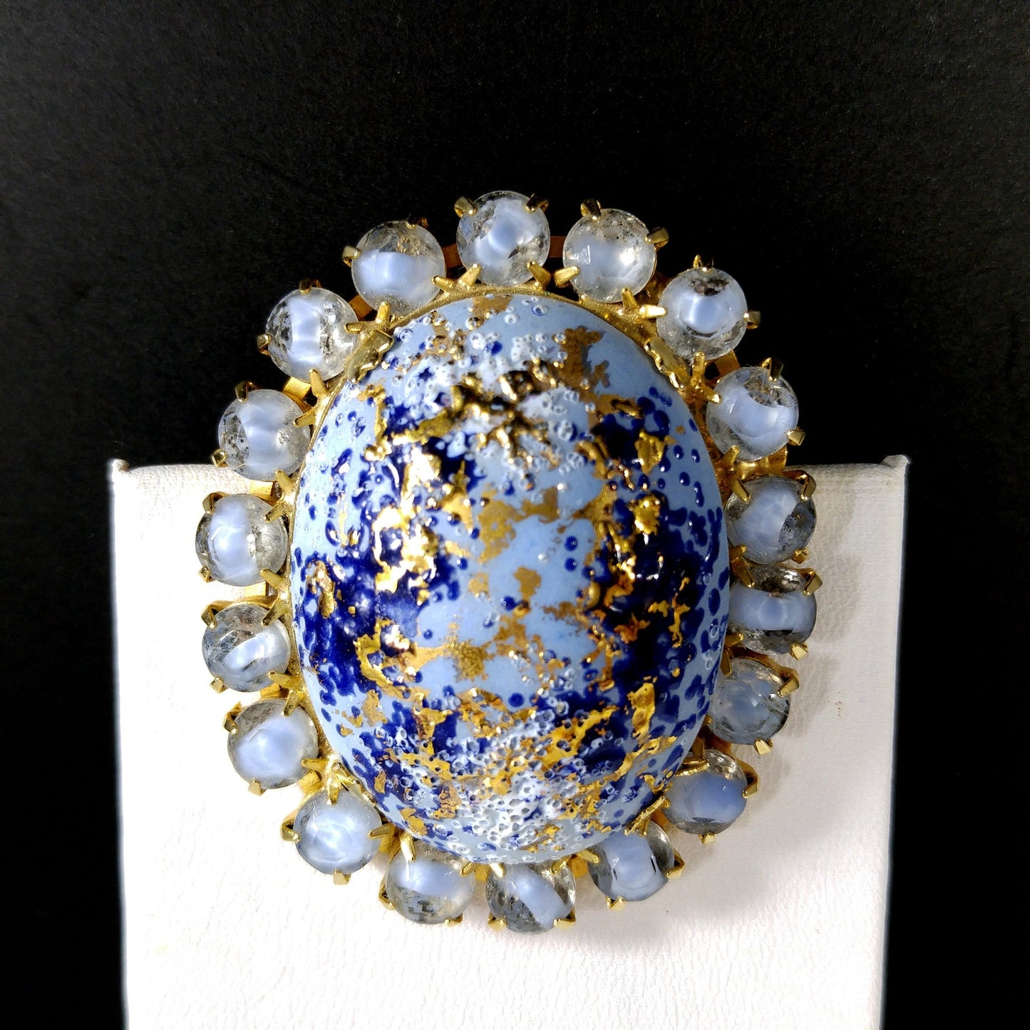 Hand Painted Blue Spatter Gold Ceramic Brooch, Gold Plated, 1960s Vintage Jewelry