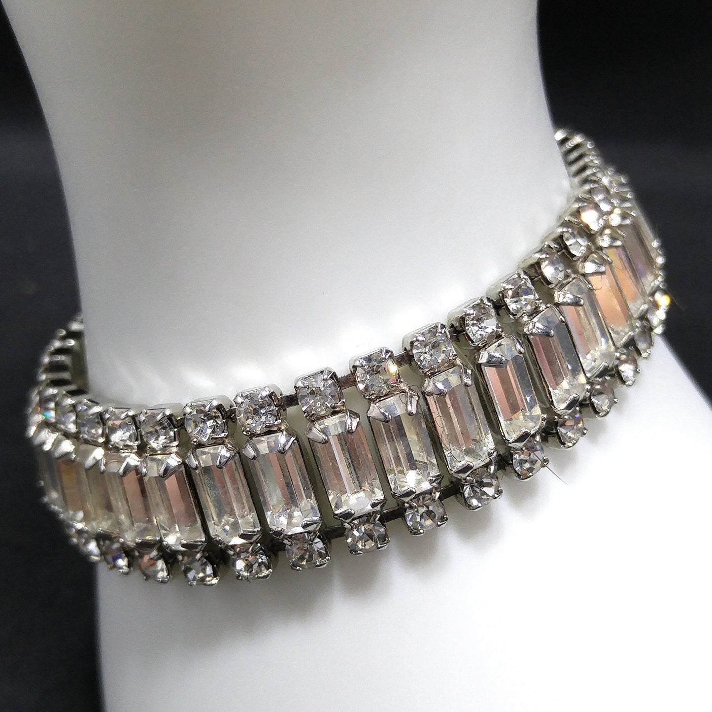 Vintage Weiss Clear Rhinestone Bracelet, Rhodium Plate, Safety Chain, 1950s
