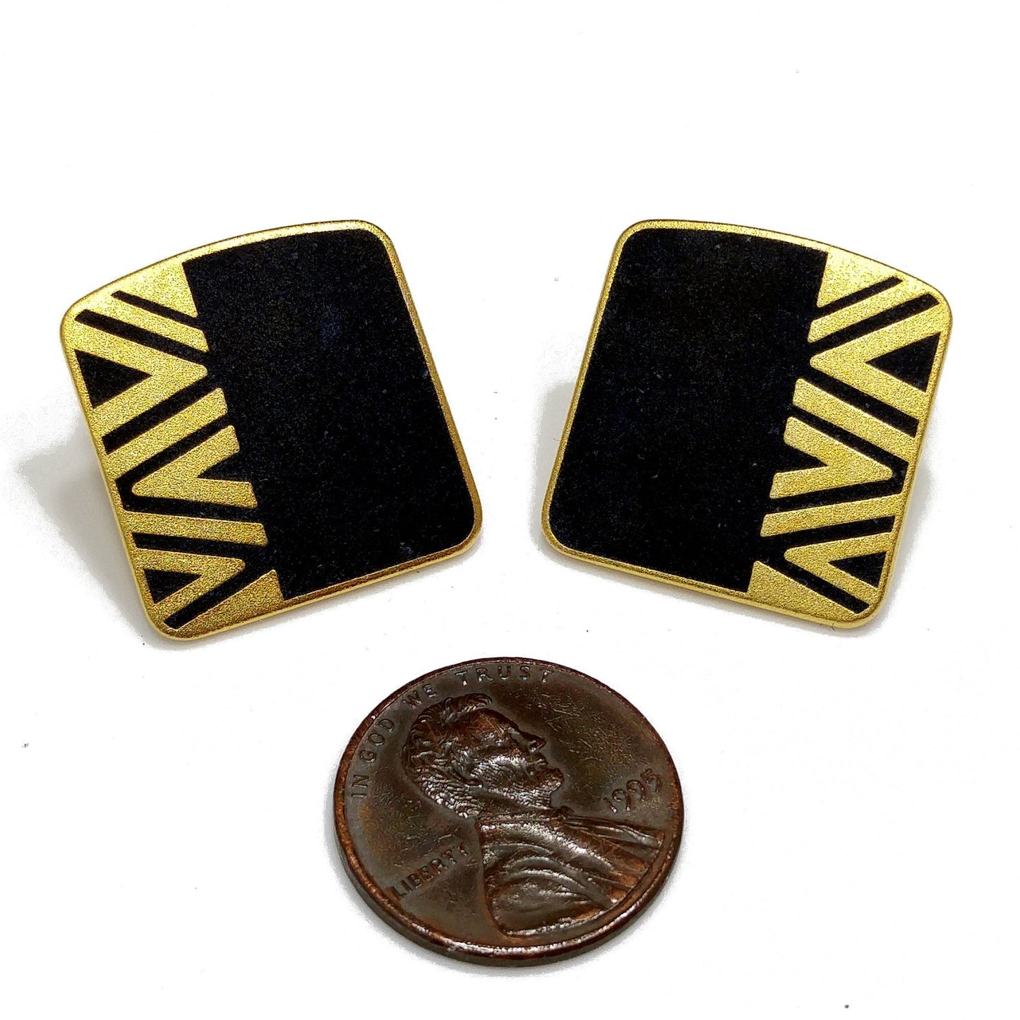 Laurel Burch "Naito" Post Earrings, Black Cloisonné, Gold Plated, 1980s Vintage