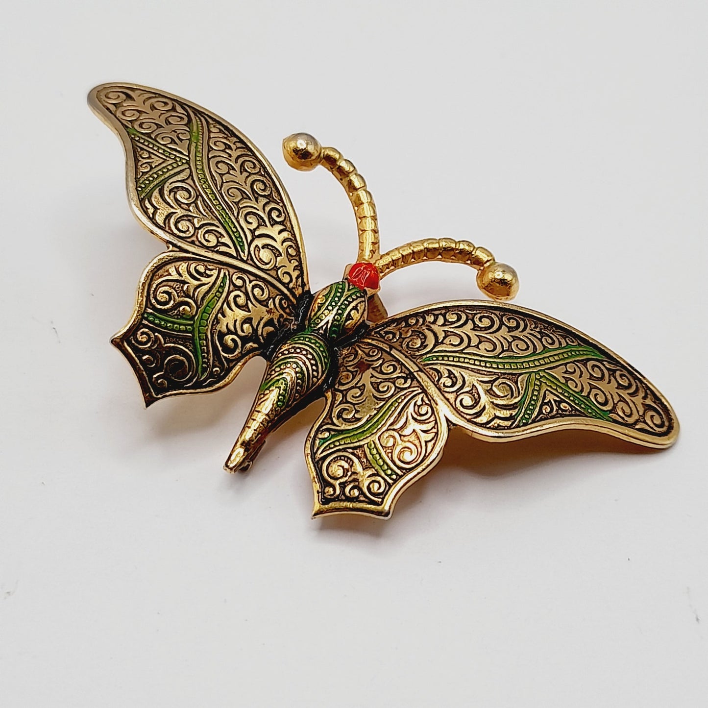 Vintage Damascene Butterfly Brooch, Gold Tone Green Black Red Enamel – 2 ¾”