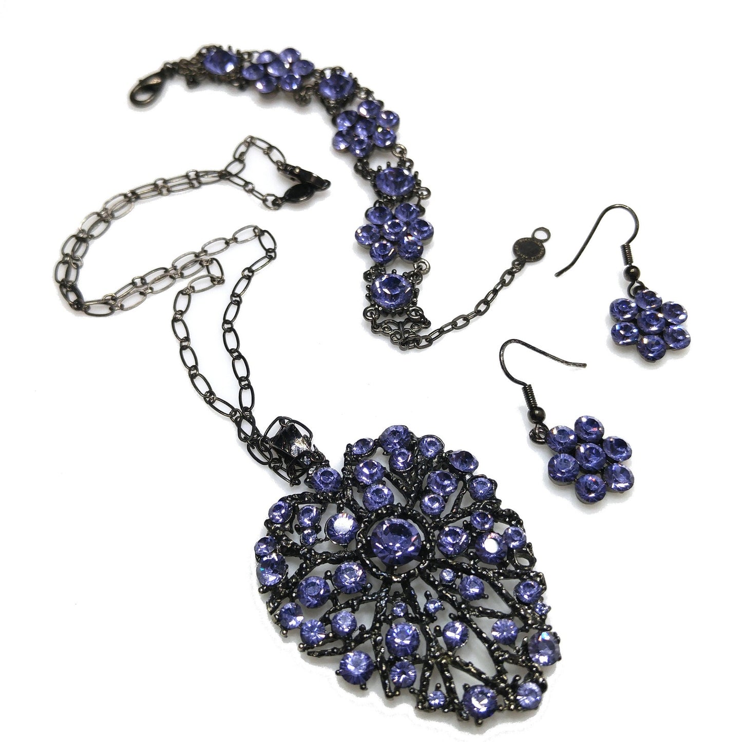 Austrian Crystal Lavender Necklace Bracelet Earrings Set, Ear Wire Earrings, Vintage Jewelry