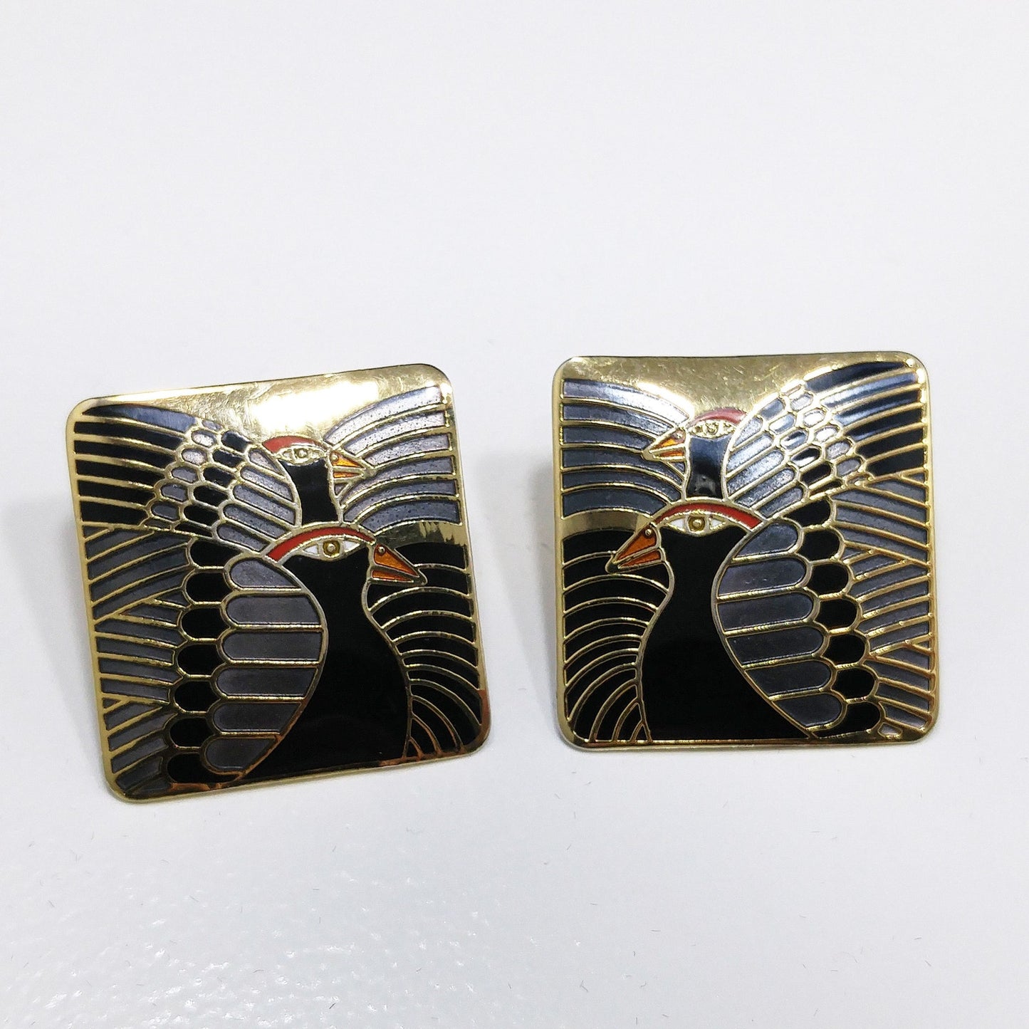 Laurel Burch "Moondoves" Post Earrings, Black Birds, Gold Plated, 1980s