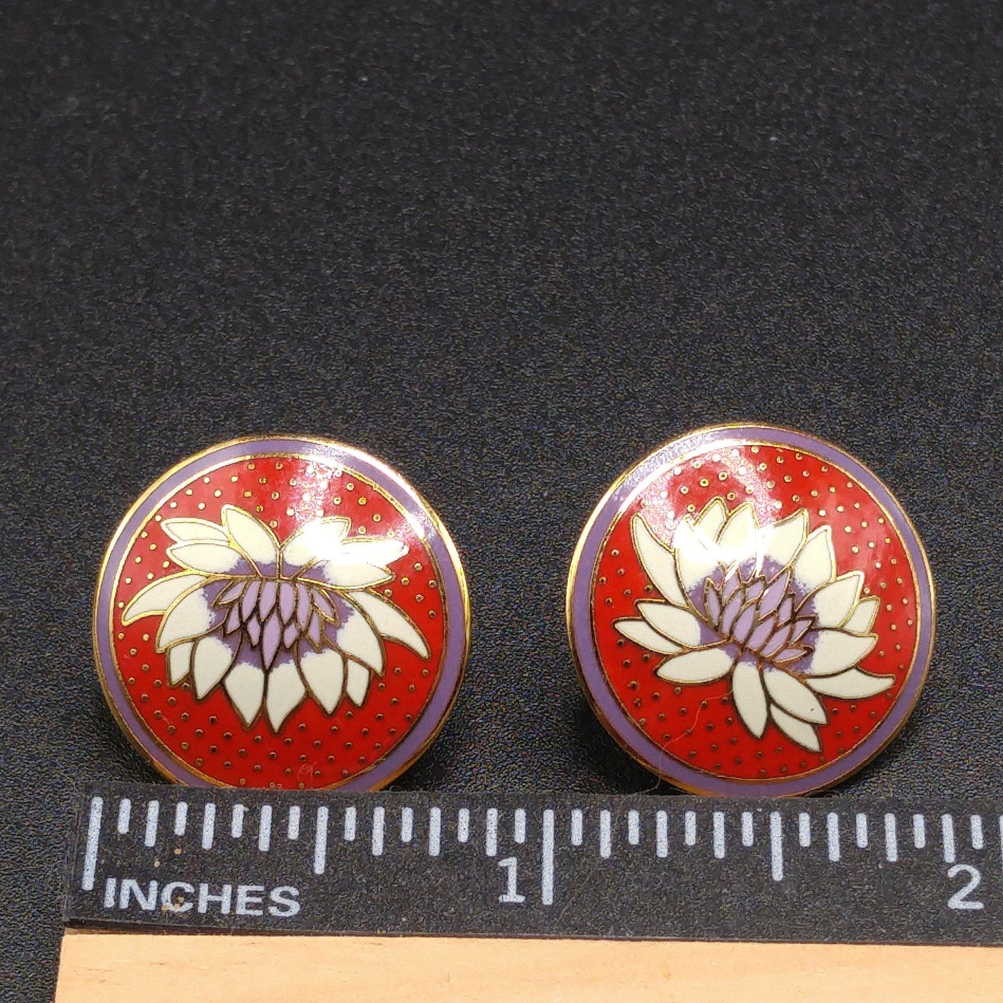 Vintage Laurel Burch "Tibetan Lily" Post Earrings, Red White Purple Enamel