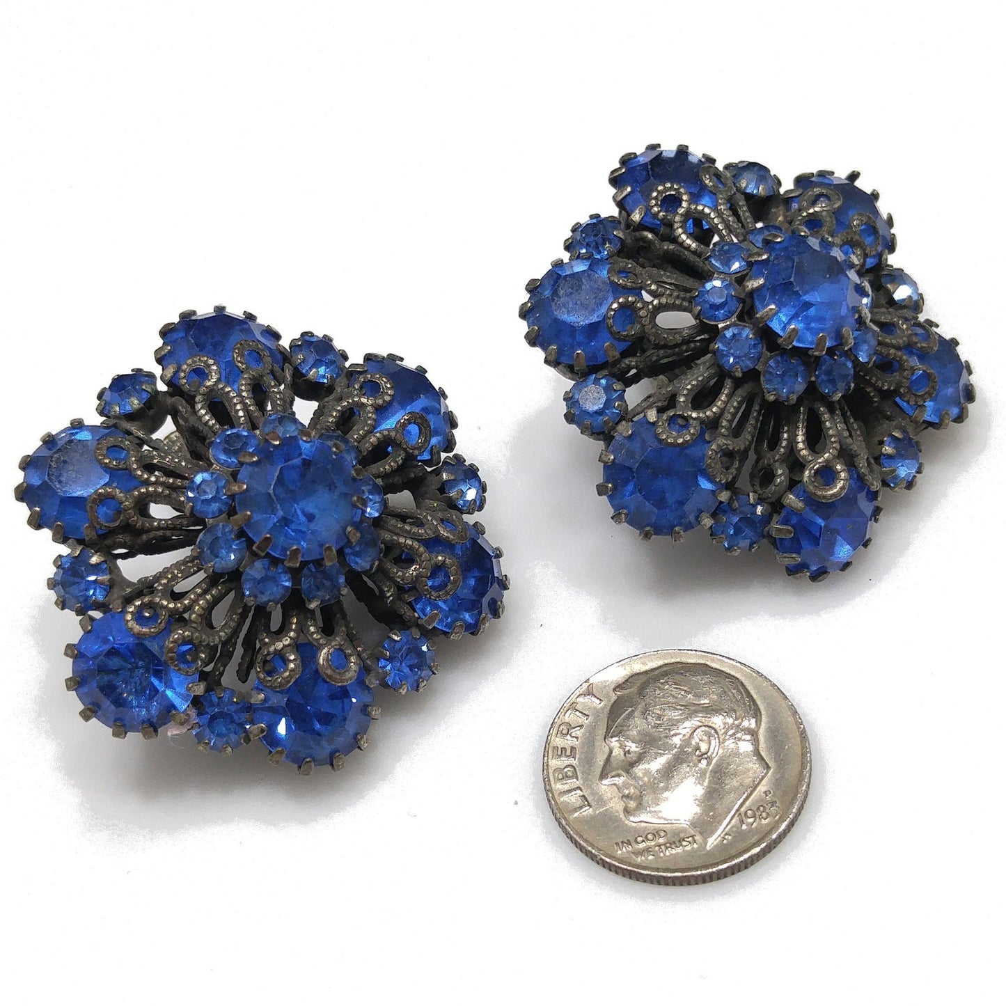 Vendome Blue Rhinestone Floral Clip Earrings, Antiqued Silver Tone, 1950s Vintage Jewelry