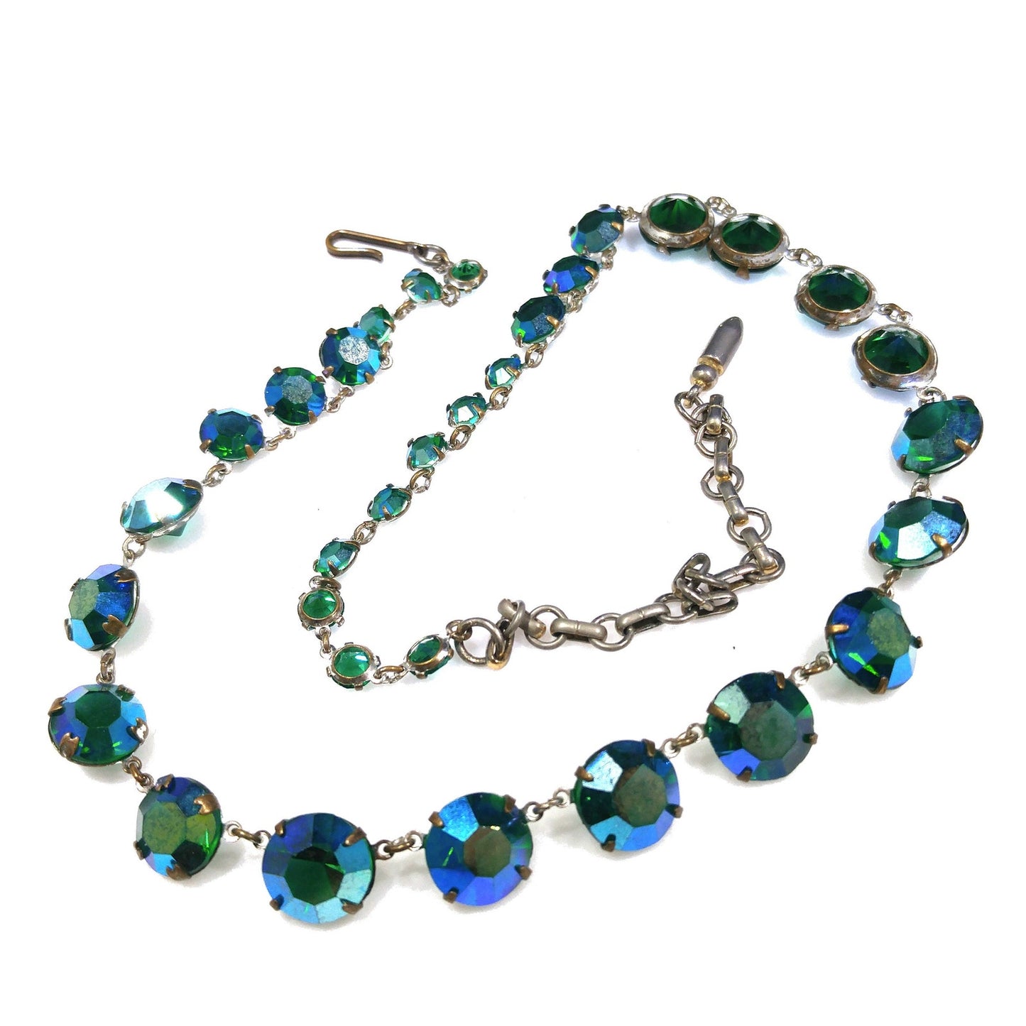 Green Aurora Borealis Crystal Art Deco Rivière Glass Necklace, 20 Inches, 1950s Vintage Jewelry