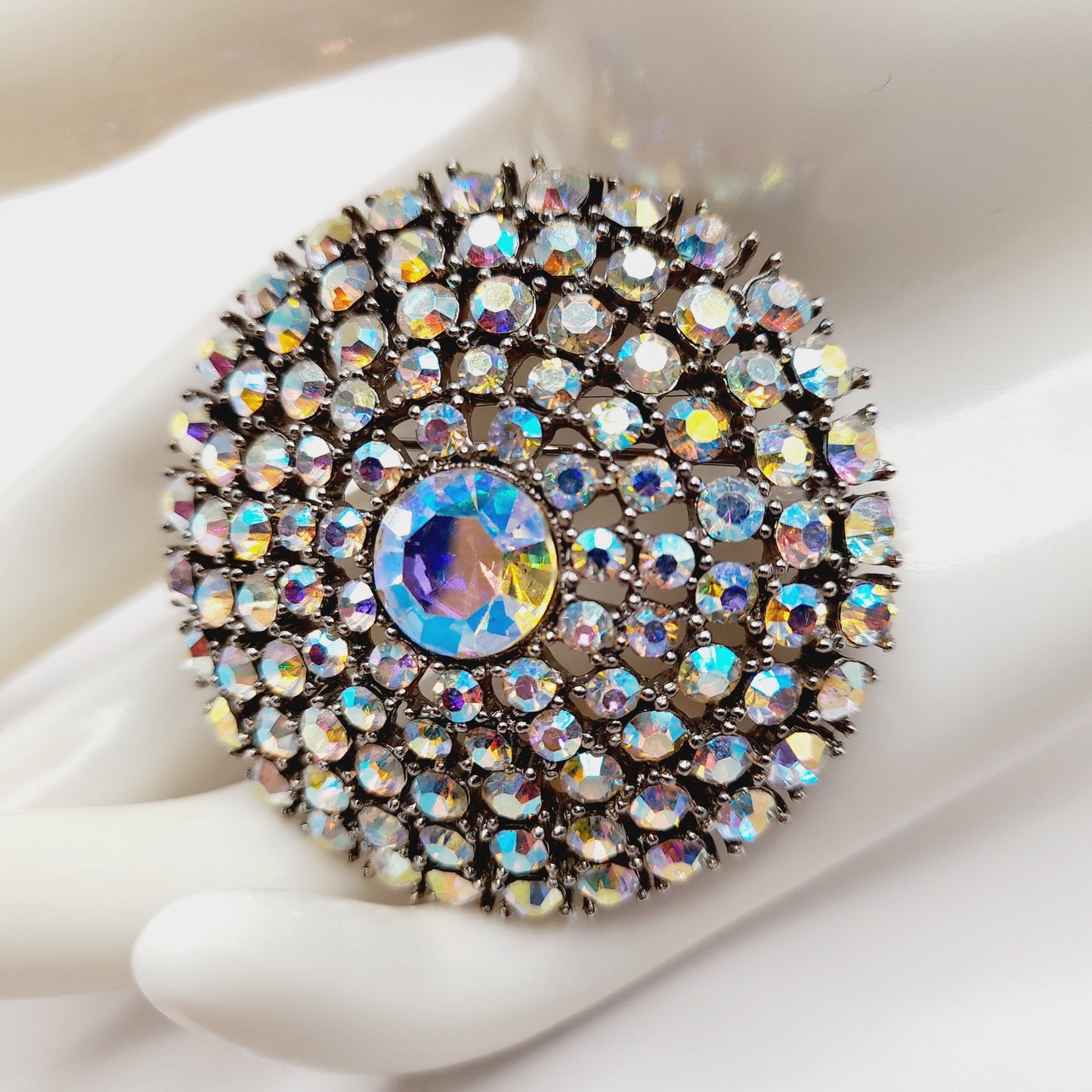 Weiss Aurora Borealis Rhinestone Brooch, Rhodium Plated, 1950s