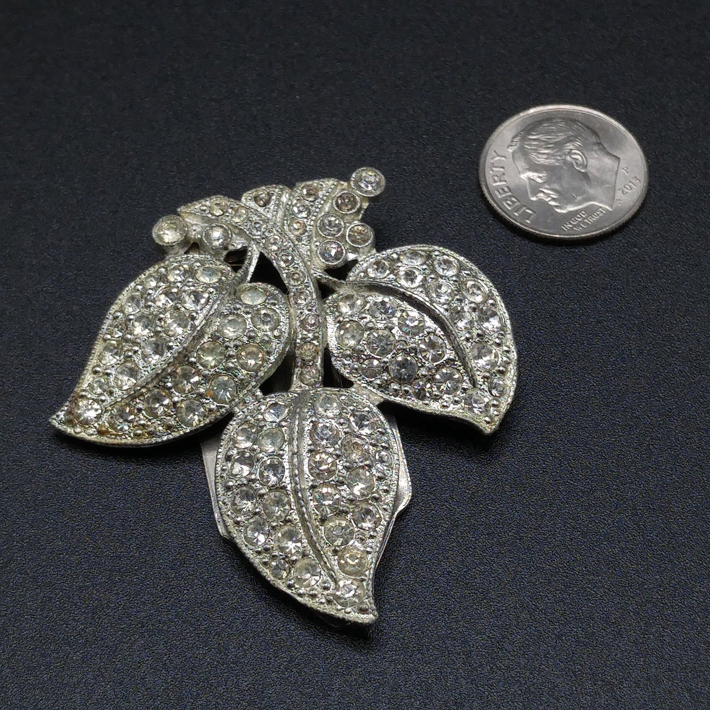 Leaves Clear Rhinestone Dress Clip, Pot Metal, 1930s Vintage Jewelry