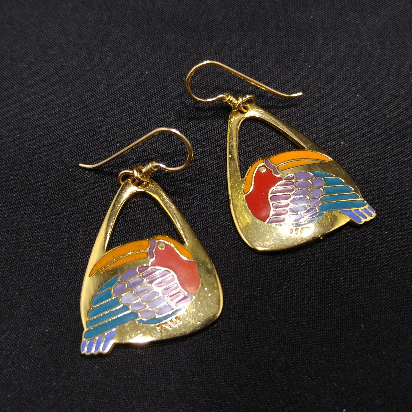 Laurel Burch Toucan Bird Earrings, Gold Plated Cloisonne Enamel, 1980s Vintage Jewelry