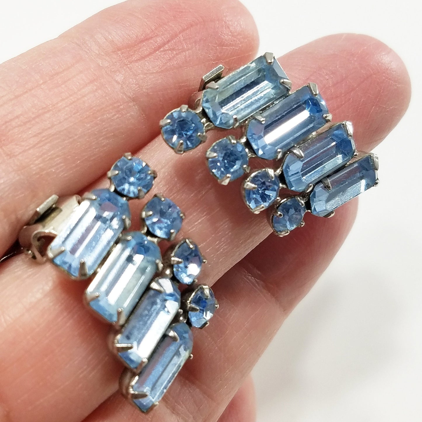 Vintage WEISS Powder Blue Clip Earrings, Silver Tone 1950s Austrian Crystal