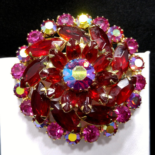 Red & Pink Rhinestone Brooch, Gold Plated, 1960s Vintage Jewelry