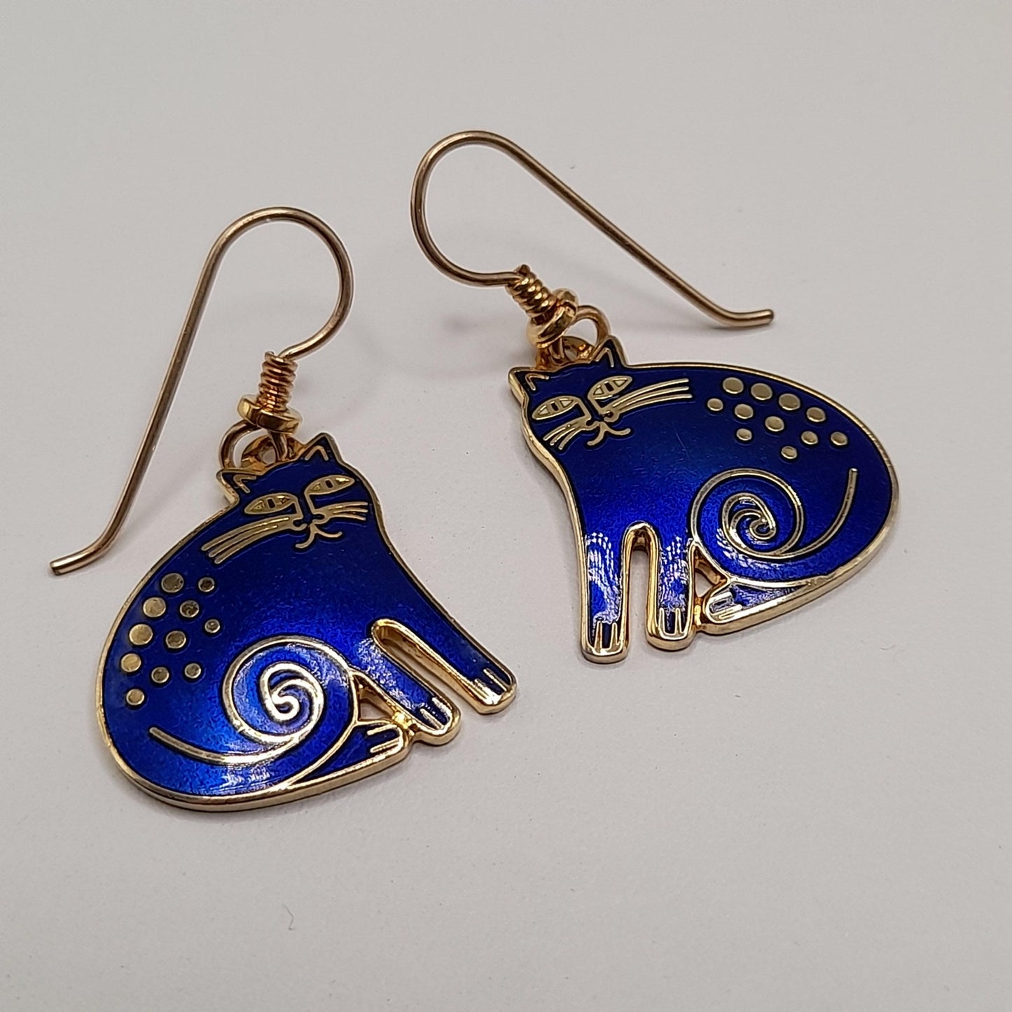 Vintage Laurel Burch "Keshire Cat" Drop Earrings, Blue Enamel, Gold Plate, 1980s Jewelry