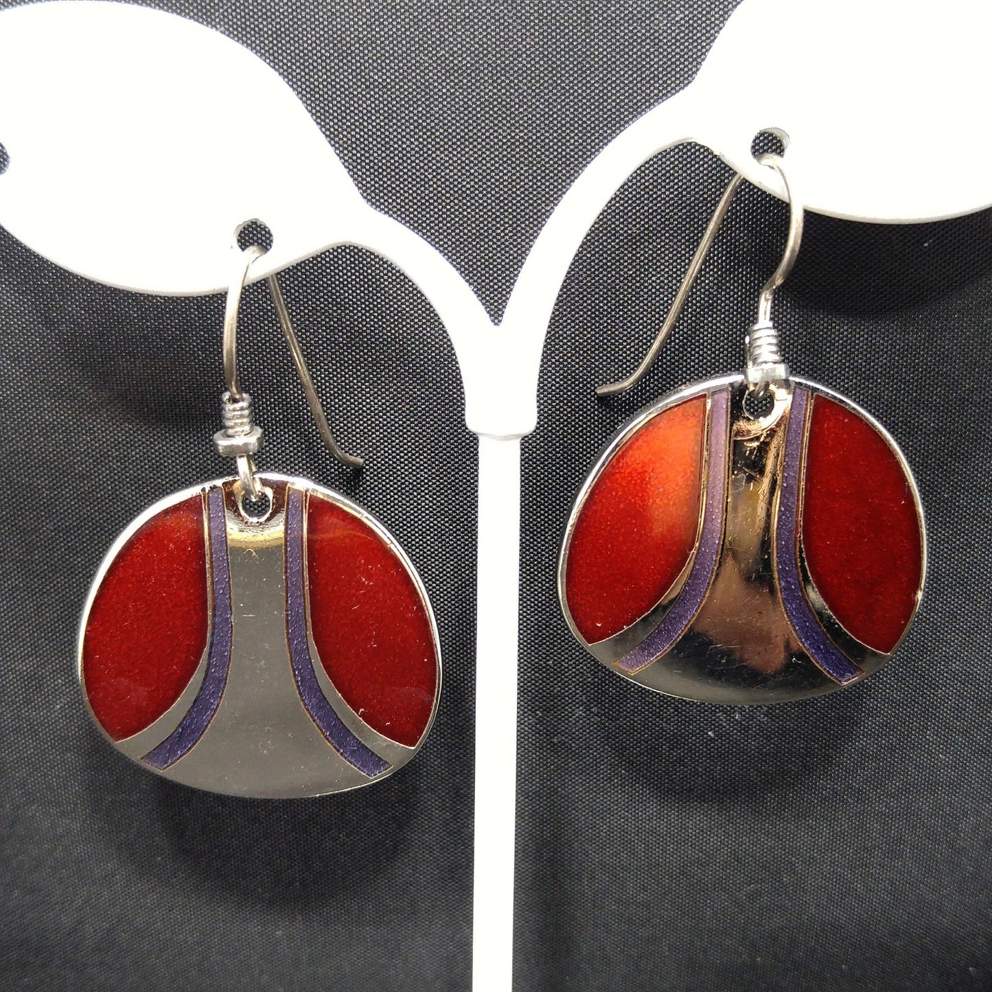 Vintage Laurel Burch Red Metallic Purple Silver Earrings, Rhodium Plated