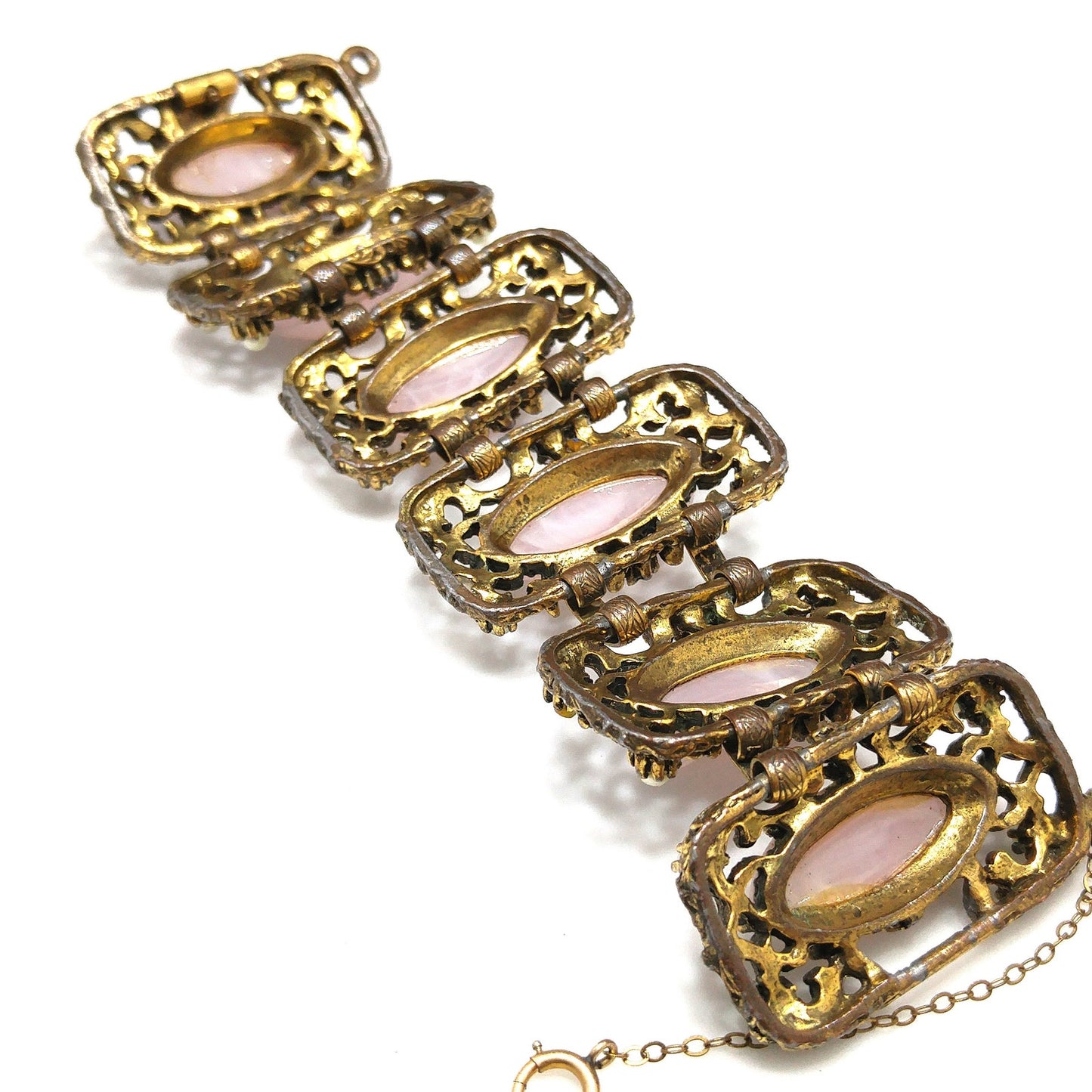 Vintage Chunky Art Glass Wide Bracelet, Pink Glass, 1940s 1950s Vintage Jewelry