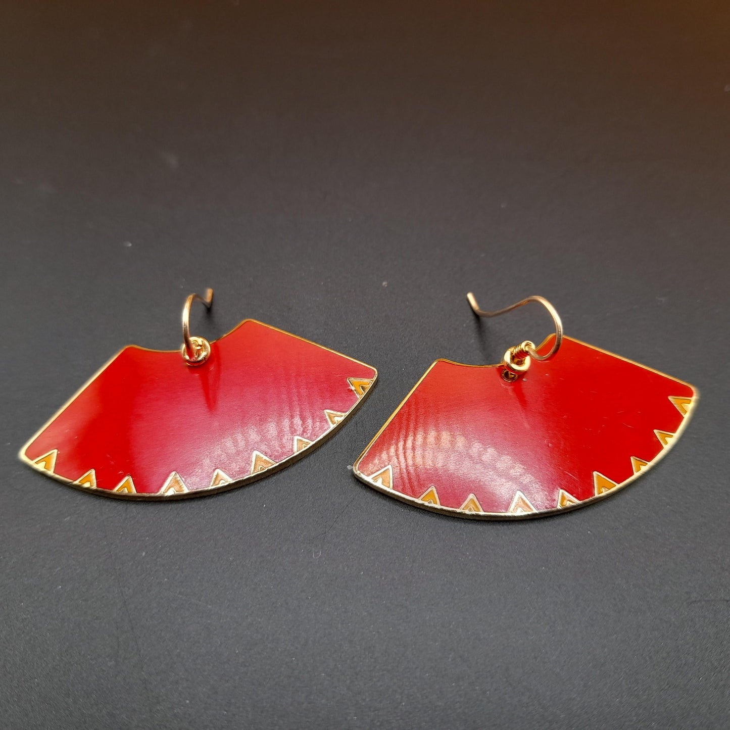 Laurel Burch "Mitra" Red Large Fan Earrings, Gold Plated, Cloisonne Enamel, 1980s Vintage Jewelry