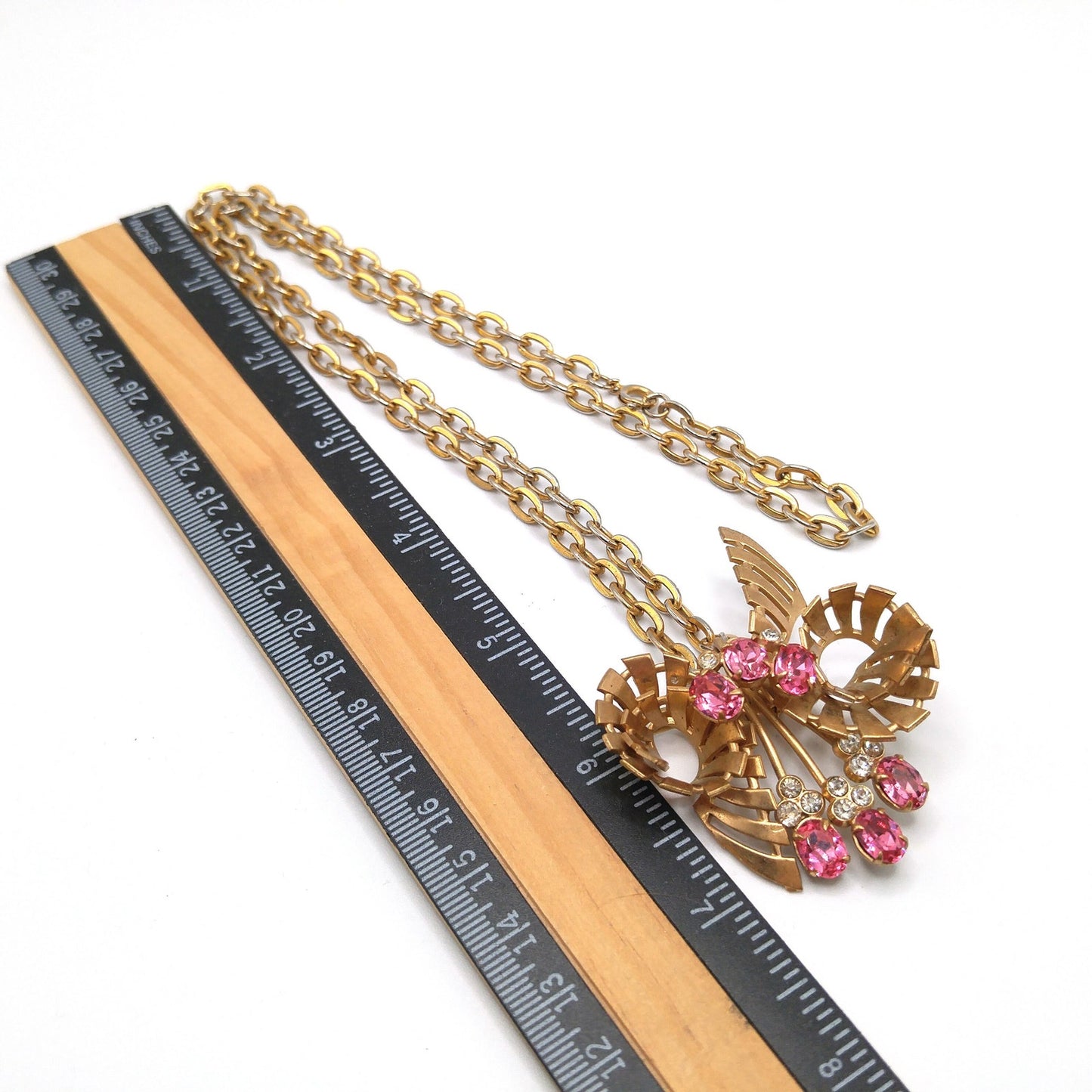 Pink Rhinestone Brooch Pendant Necklace, Gold Plated Pendant Brooch Combo, 1940s Vintage Jewelry