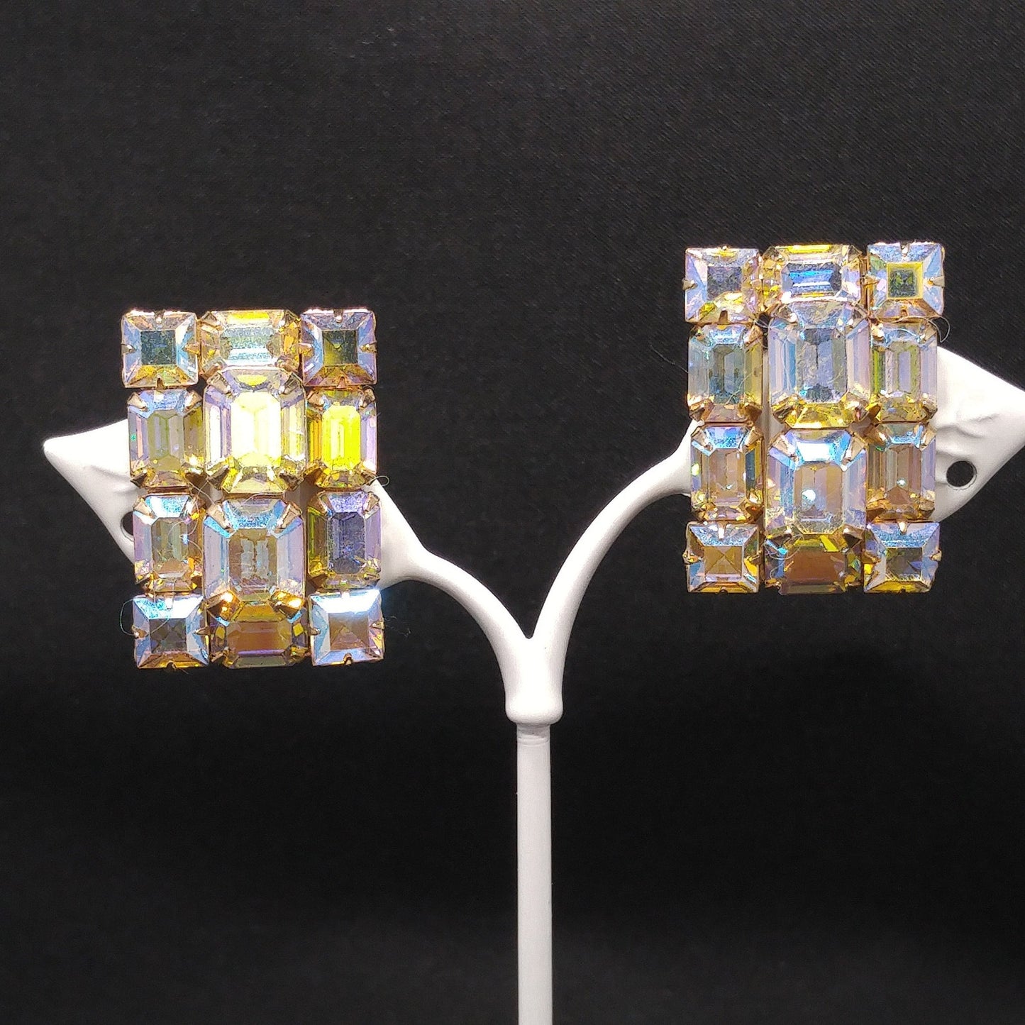 Weiss Aurora Borealis Emerald Cut Earrings, Gold Plating, 1960s Vintage Jewelry