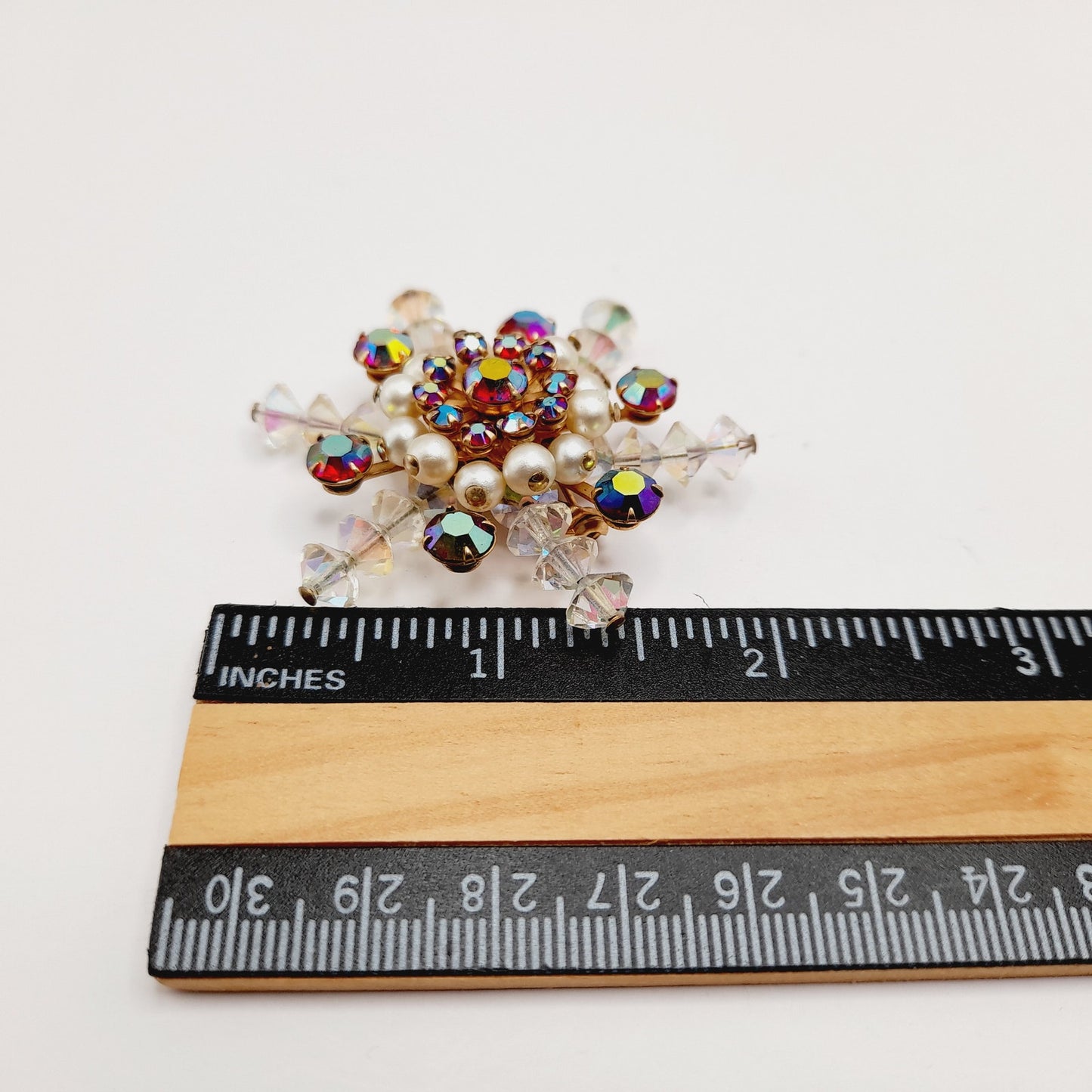 Vintage Snowflake Faux Pearl Red Rhinestone Clear Crystal Beaded Brooch - 2”