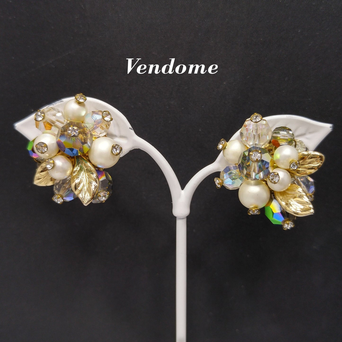 Vendome Floral Bead Crystal Clip Earrings, Faux Pearls, Vitrail Crystal, 1960s Vintage Jewelry
