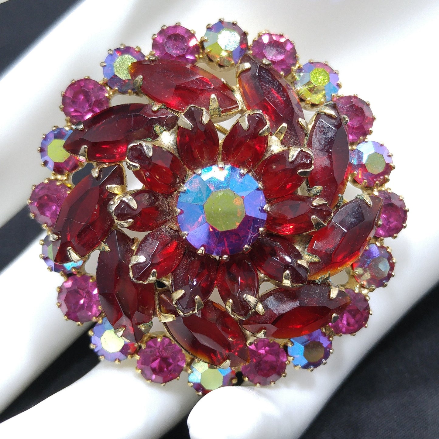Red & Pink Rhinestone Brooch, Gold Plated, 1960s Vintage Jewelry