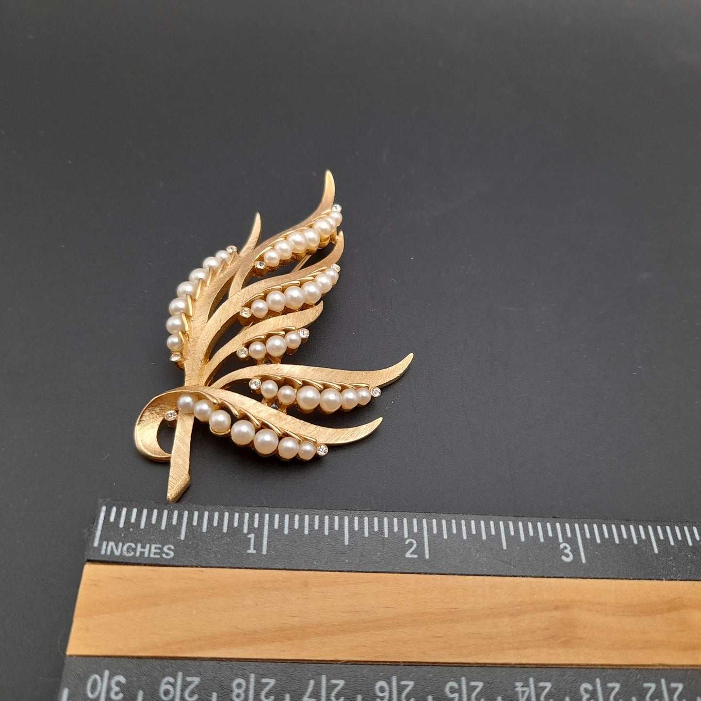 Vintage Crown Trifari Brooch – Gold Plated Satin Finish with Faux Pearls & Rhinestones