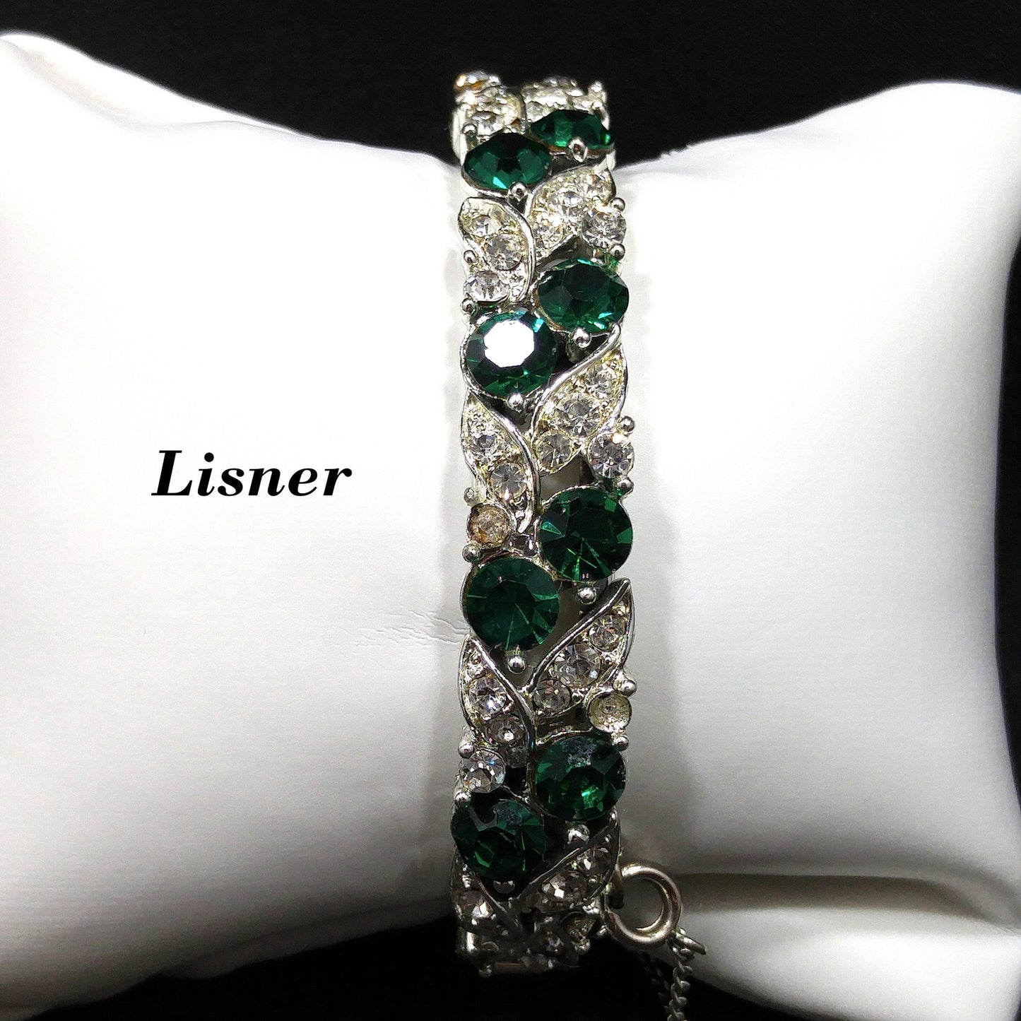 Lisner Emerald Green Rhinestone Hinged Bracelet, Rhodium Plated, 1960s Vintage Jewelry