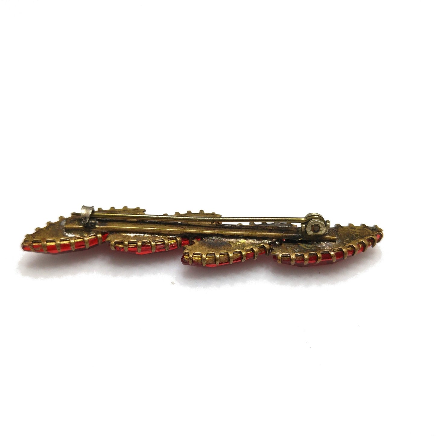 Victorian Red Rhinestone Bar Brooch, Dogtooth Prongs, 1900s Antique Jewelry