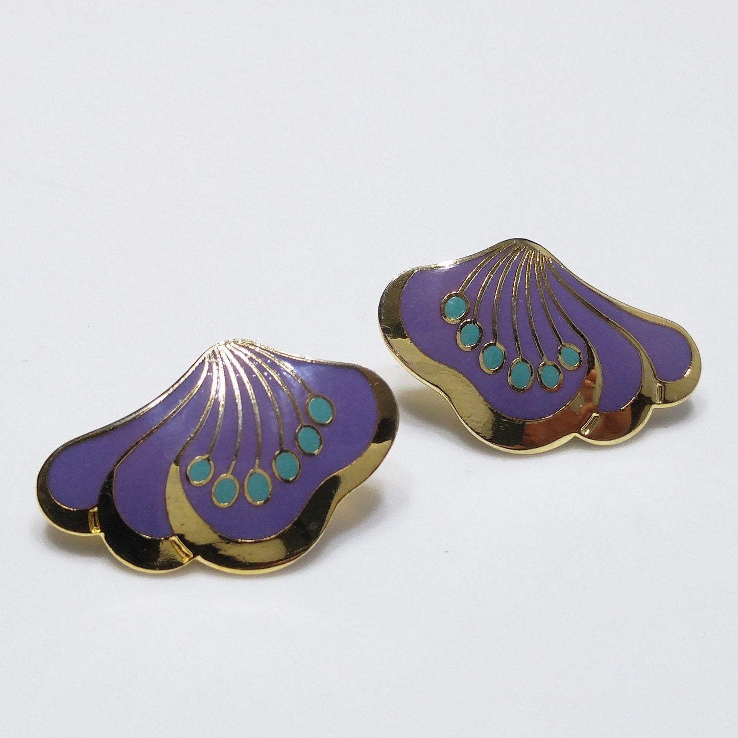 Laurel Burch Peony Post Earrings, Gold Plated Cloisonne Enamel, 1980s Vintage