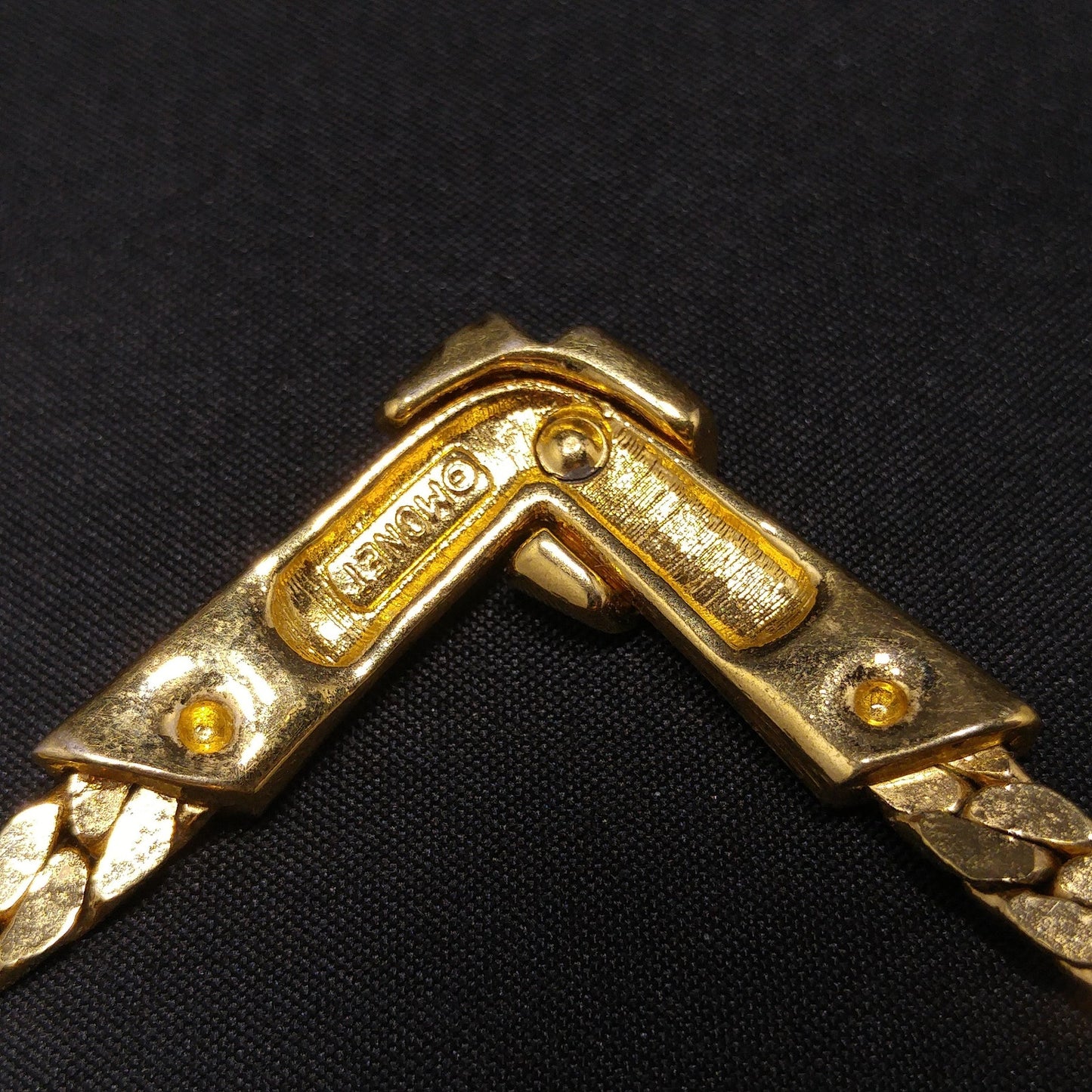 Monet Herringbone Chain Necklace, Gold Plated, V Pendant, 1980s Vintage Jewelry