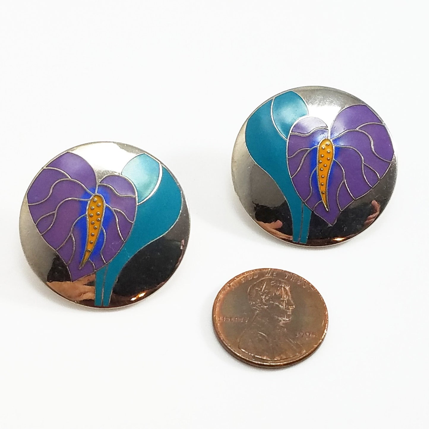 Vintage Laurel Burch "Antherium" Earrings, Rhodium Plated, 1980s Vintage Jewelry