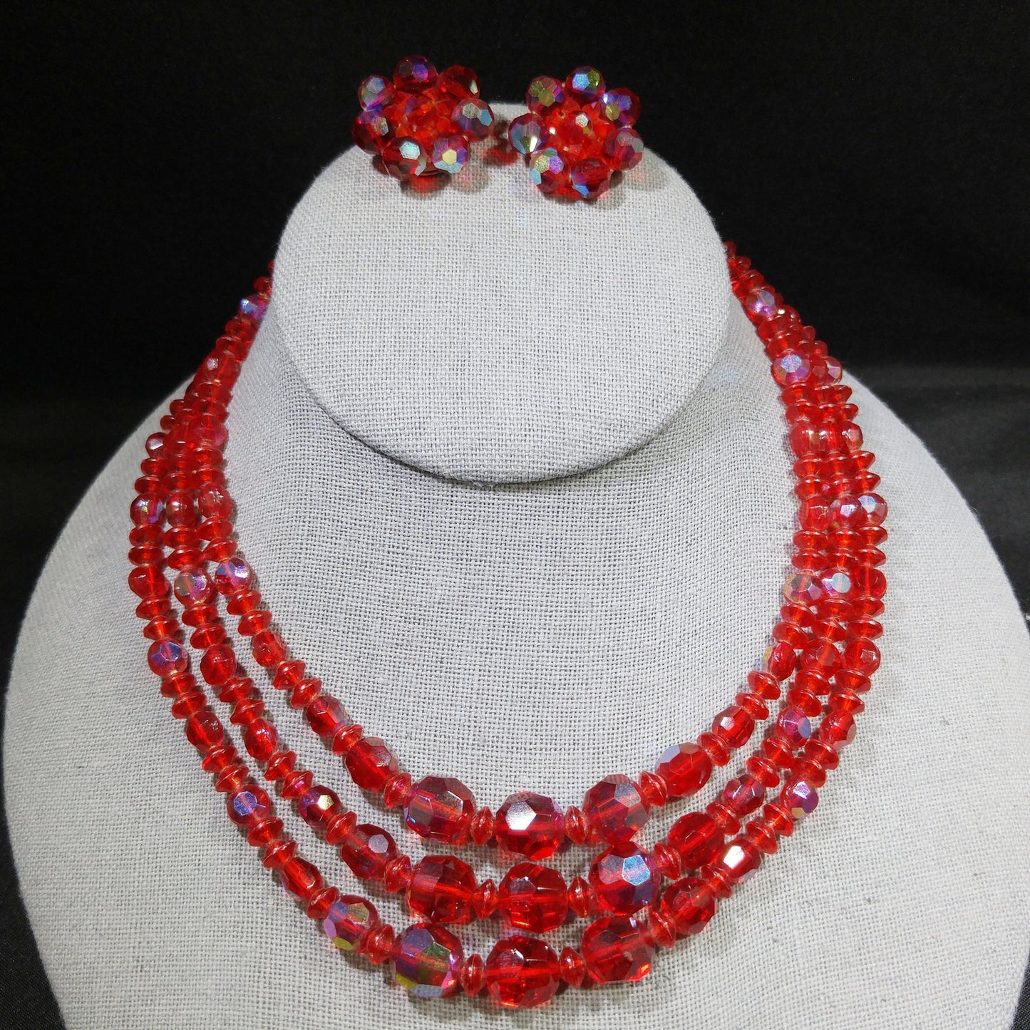 Czech Red Glass Beaded Necklace & Earrings, Fire Polished Red Beads, 1950s Vintage Jewelry