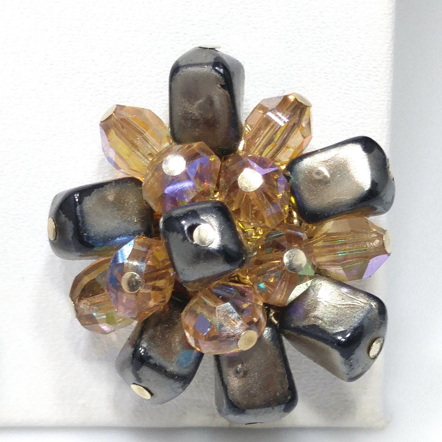 Vendome Beaded Clip Earrings, Brown Iridescent AB Topaz Beads, 1960s Vintage Jewelry