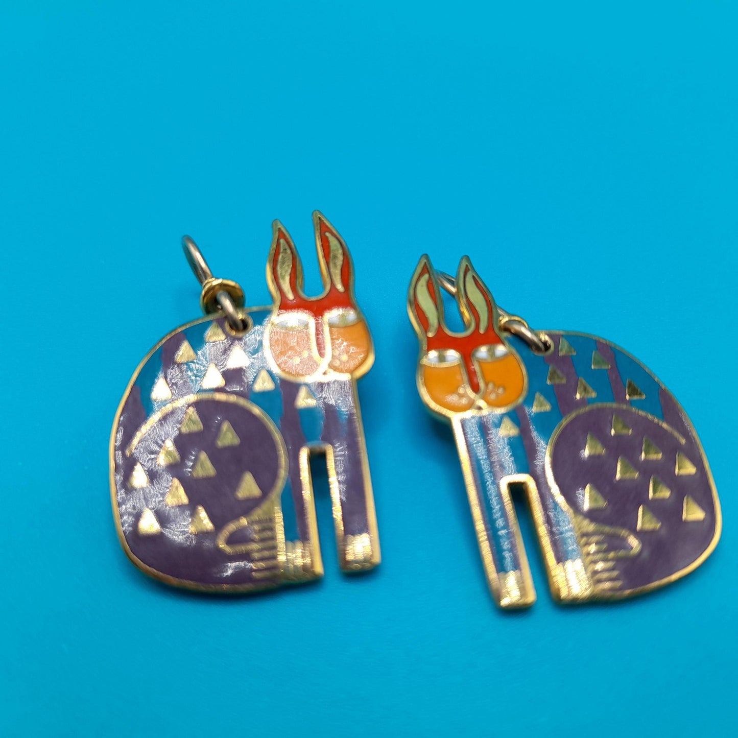 Laurel Burch "Rabbit For Ross" Earrings, Enamel Cloisonne Gold Plated, 1980s