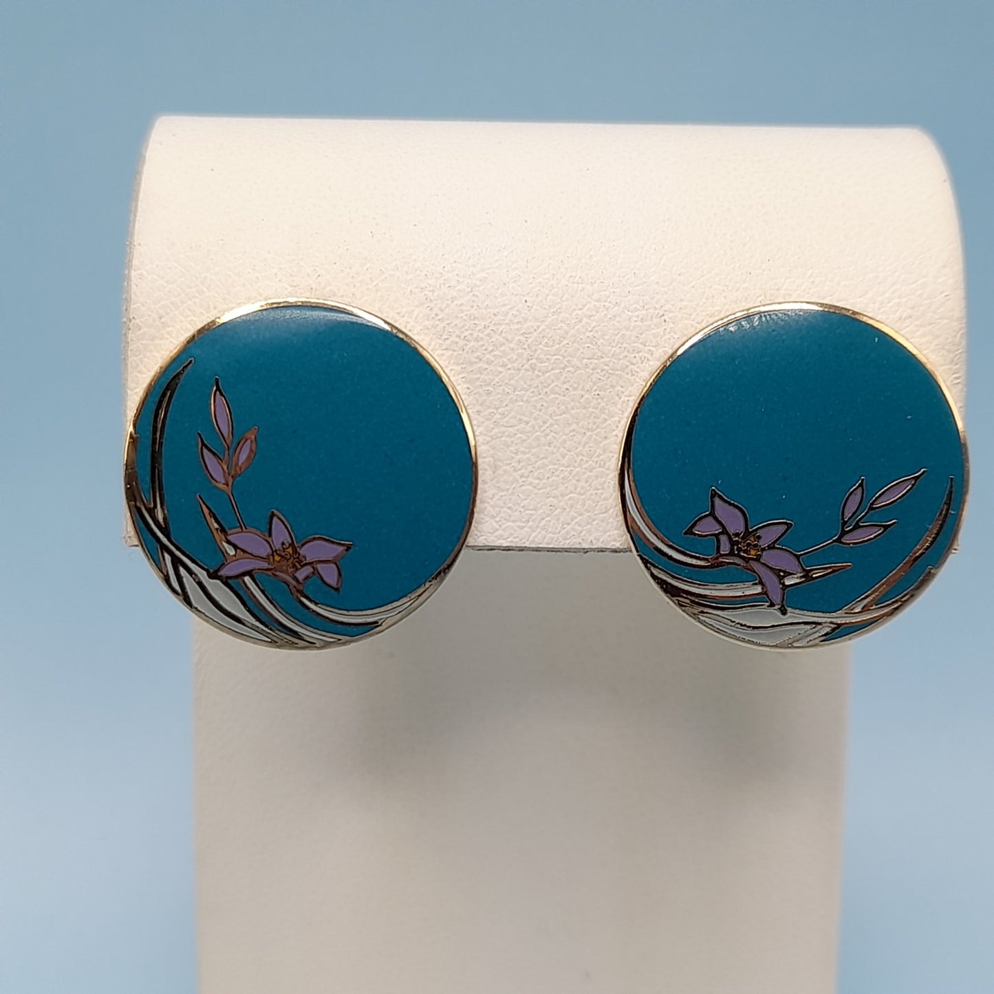 Vintage Laurel Burch Teal Wind Flower Gold Plated Earrings