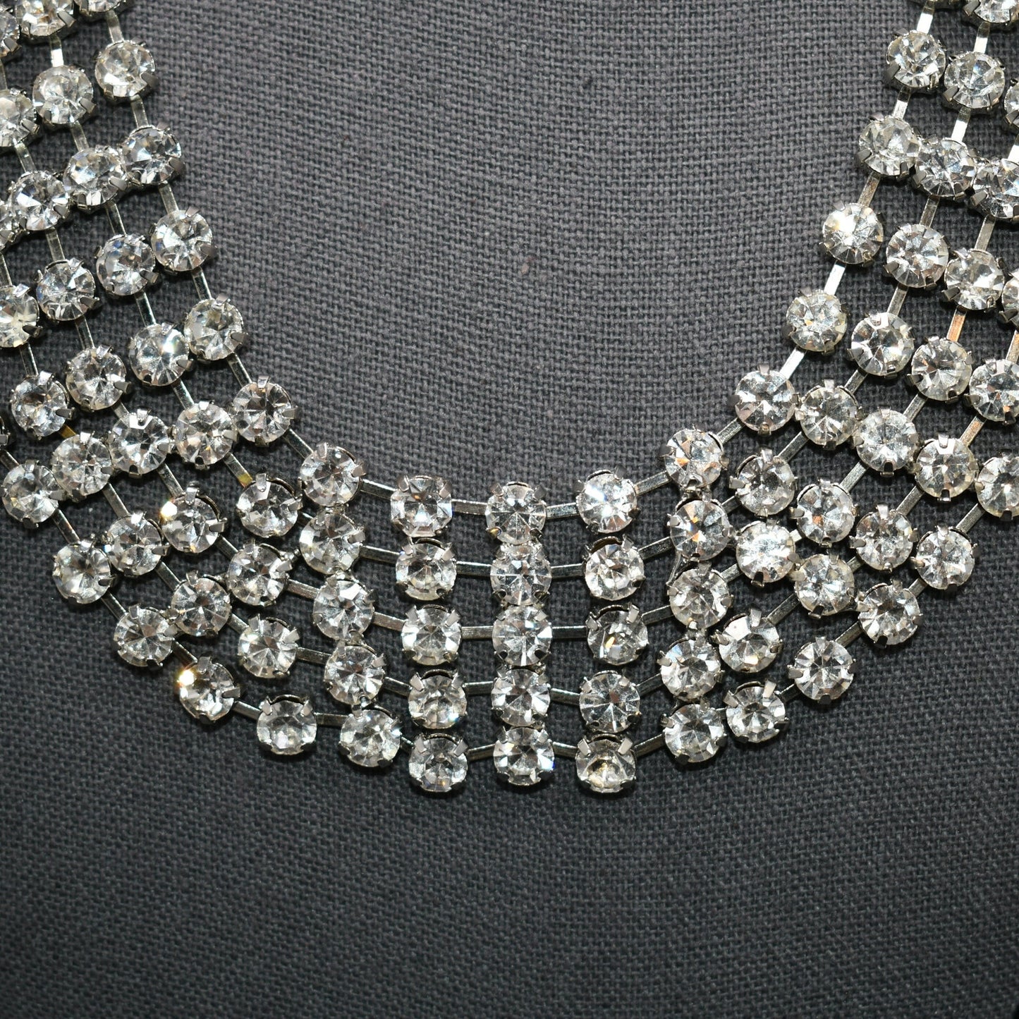 Vintage Clear Rhinestone Frontal Necklace, Rhodium Plating, 18 1/2 Inches, 1980s Vintage Jewelry