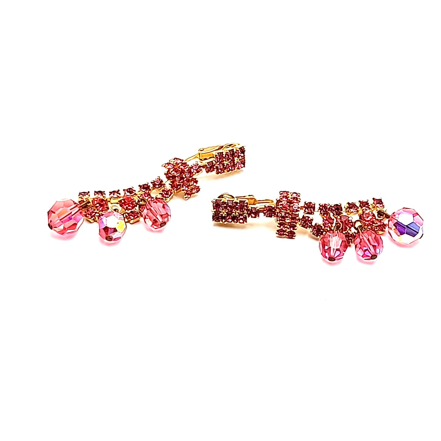 Vintage Pink Rhinestone Crystal Drop Clip On Earrings