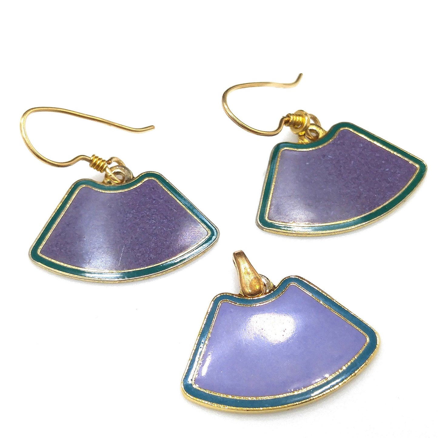 Laurel Burch Purple & Teal Earrings Pendant, Cloisonné Enamel, Gold Plated, 1980s Vintage Jewelry