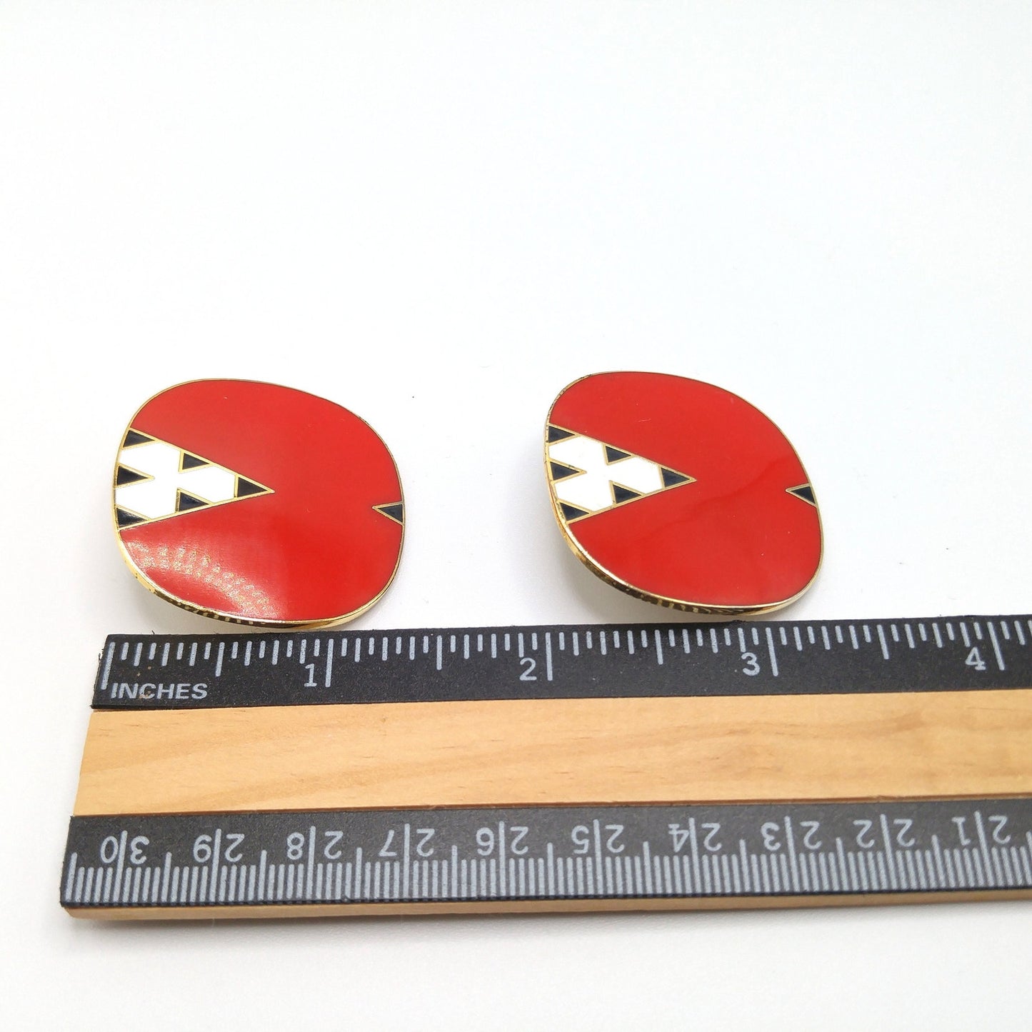 Laurel Burch "Mantra" Large Clip Earrings, Red White Black Enamel, Gold Plated, 1980s Vintage Jewelry