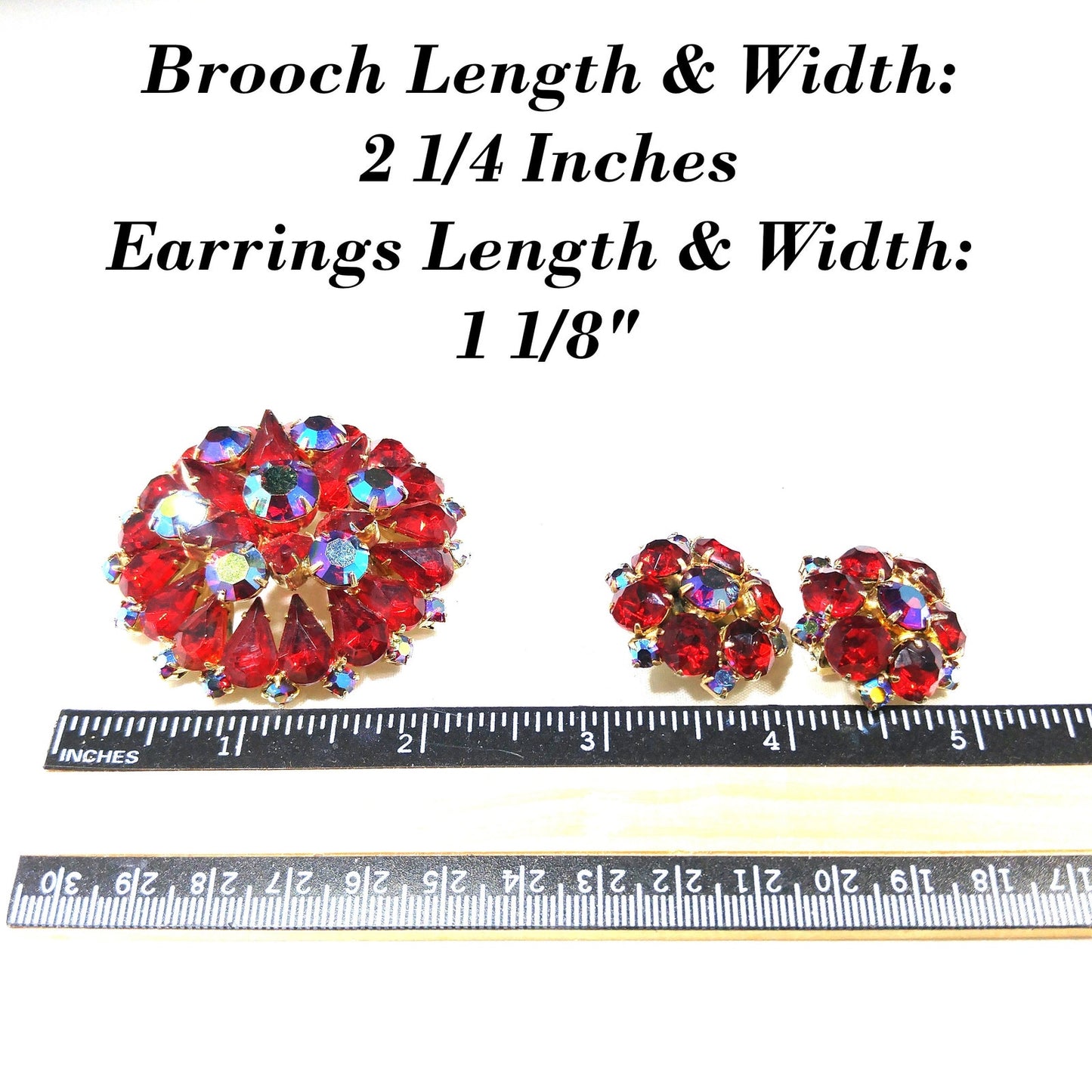 Red Rhinestone Aurora Borealis Brooch Earrings Set, Gold Plated, 1960s Vintage Jewelry