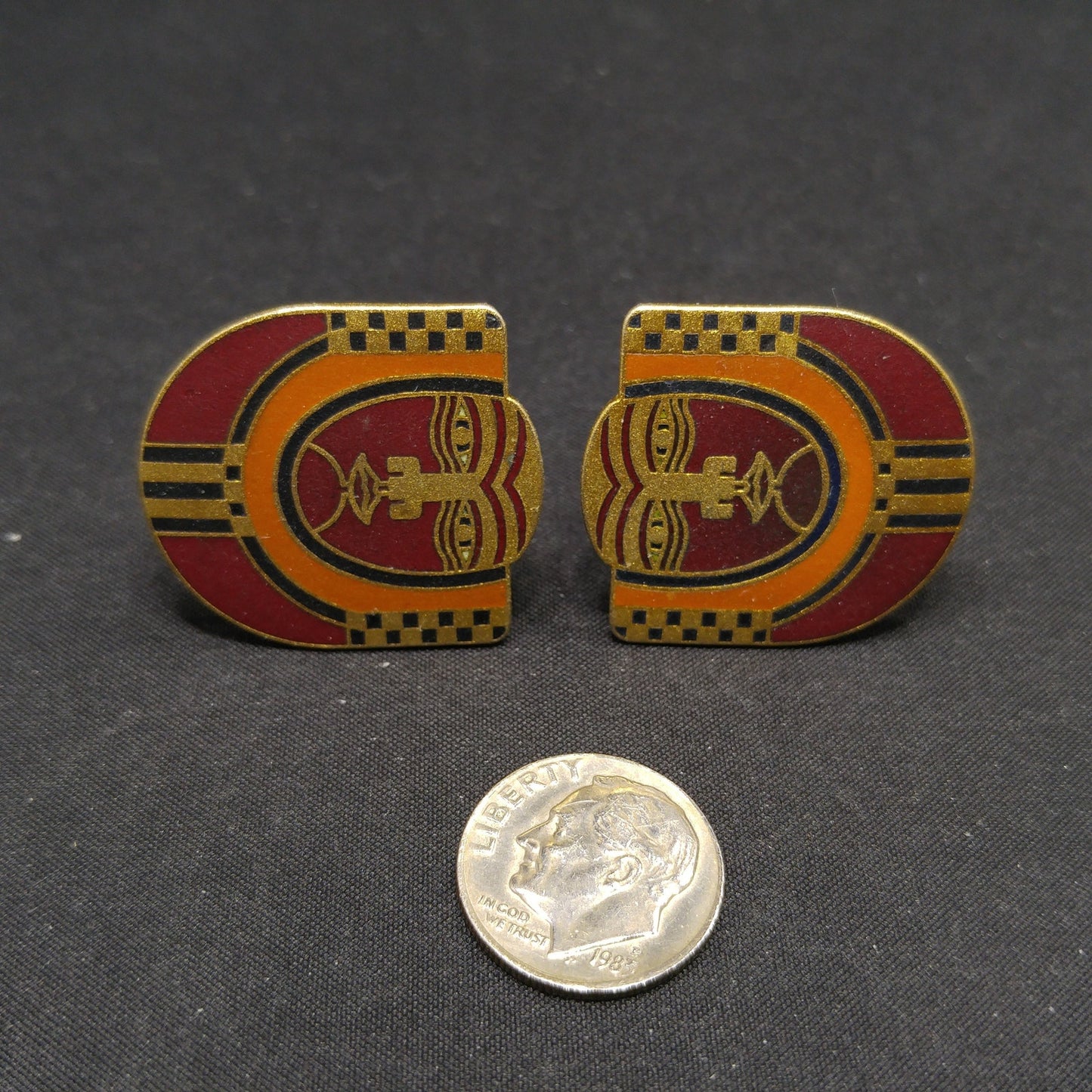 Laurel Burch "Maori" Tribal Mask Clip Earrings, Deep Red Enamel, 1980s Vintage Jewelry