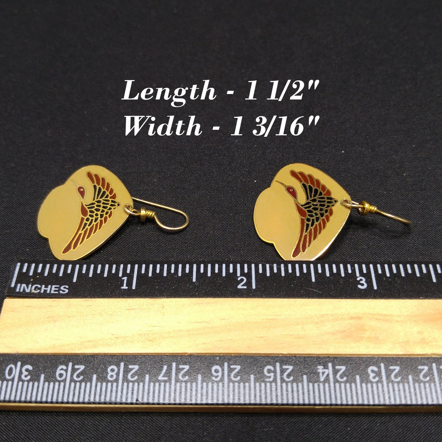 Vintage Laurel Burch Crane Bird Earrings, Gold Plated, Enamel Tan Dark Red Black