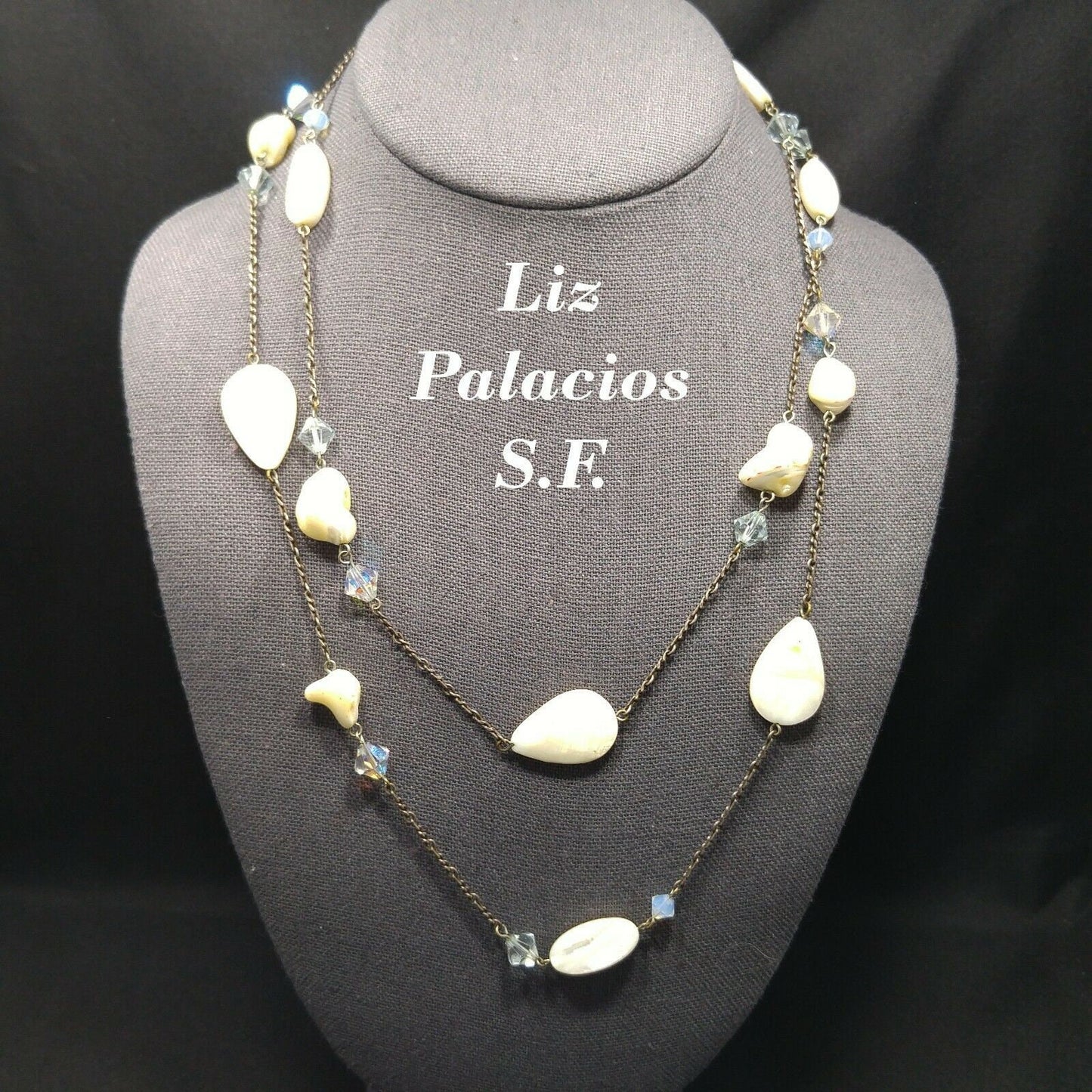 Liz Palacios S.F. White Shell & Crystal Long Necklace, 42 Inch Layering Necklace, Vintage Jewelry