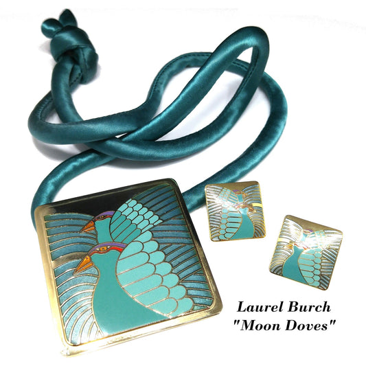 Laurel Burch "Moon Doves" Pendant Necklace & Earrings, Gold Plated, Cloisonné Enamel, 1980s Vintage Jewelry