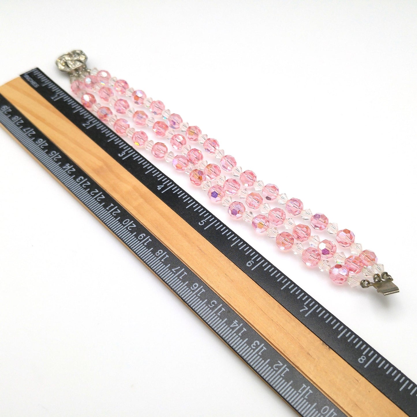 Pink Crystal Beaded Bracelet, Three Strands, Rhinestone Clasp, 1950s Vintage Jewelry
