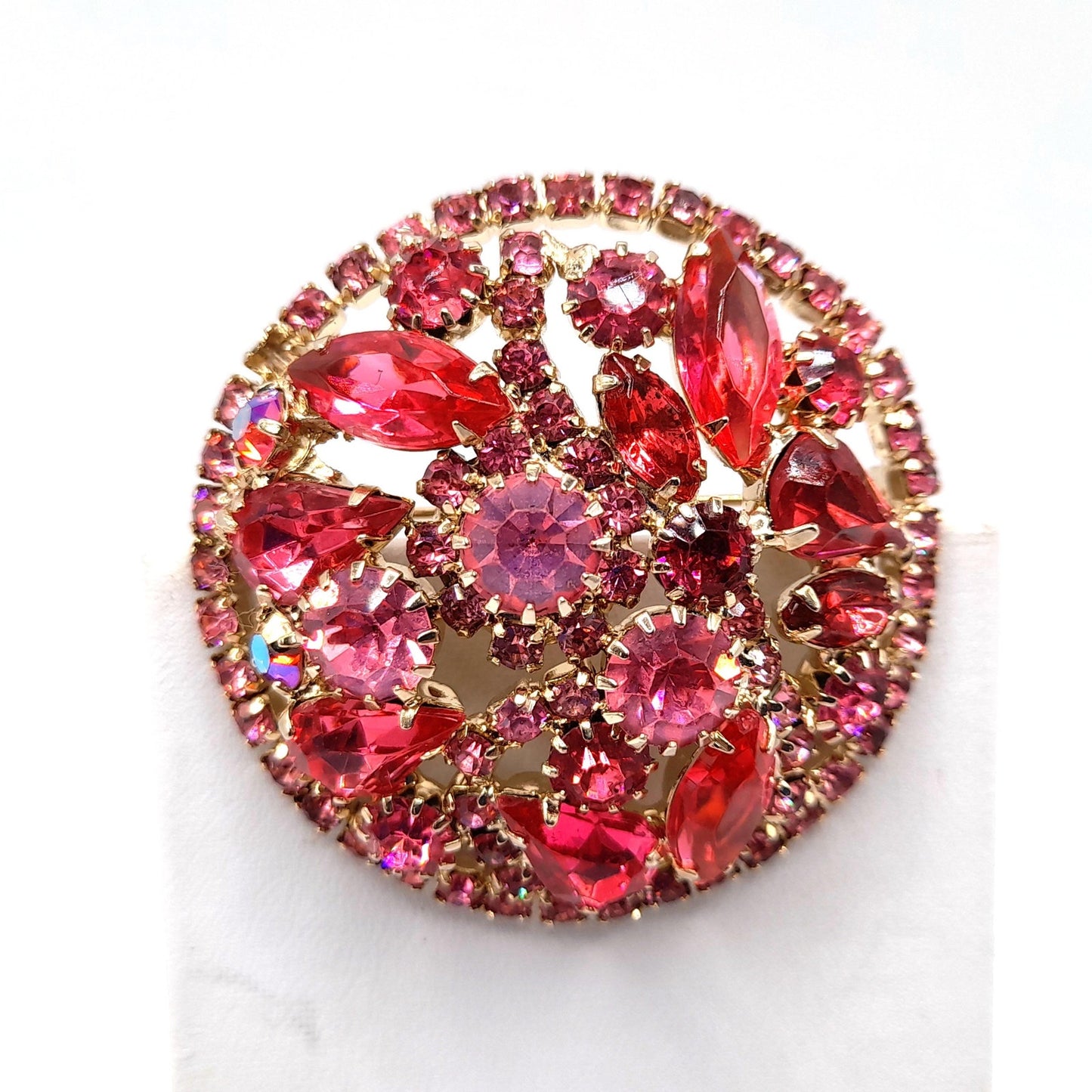 Vintage Unsigned Weiss Pink Rhinestone Brooch, Gold Plated, 1960s